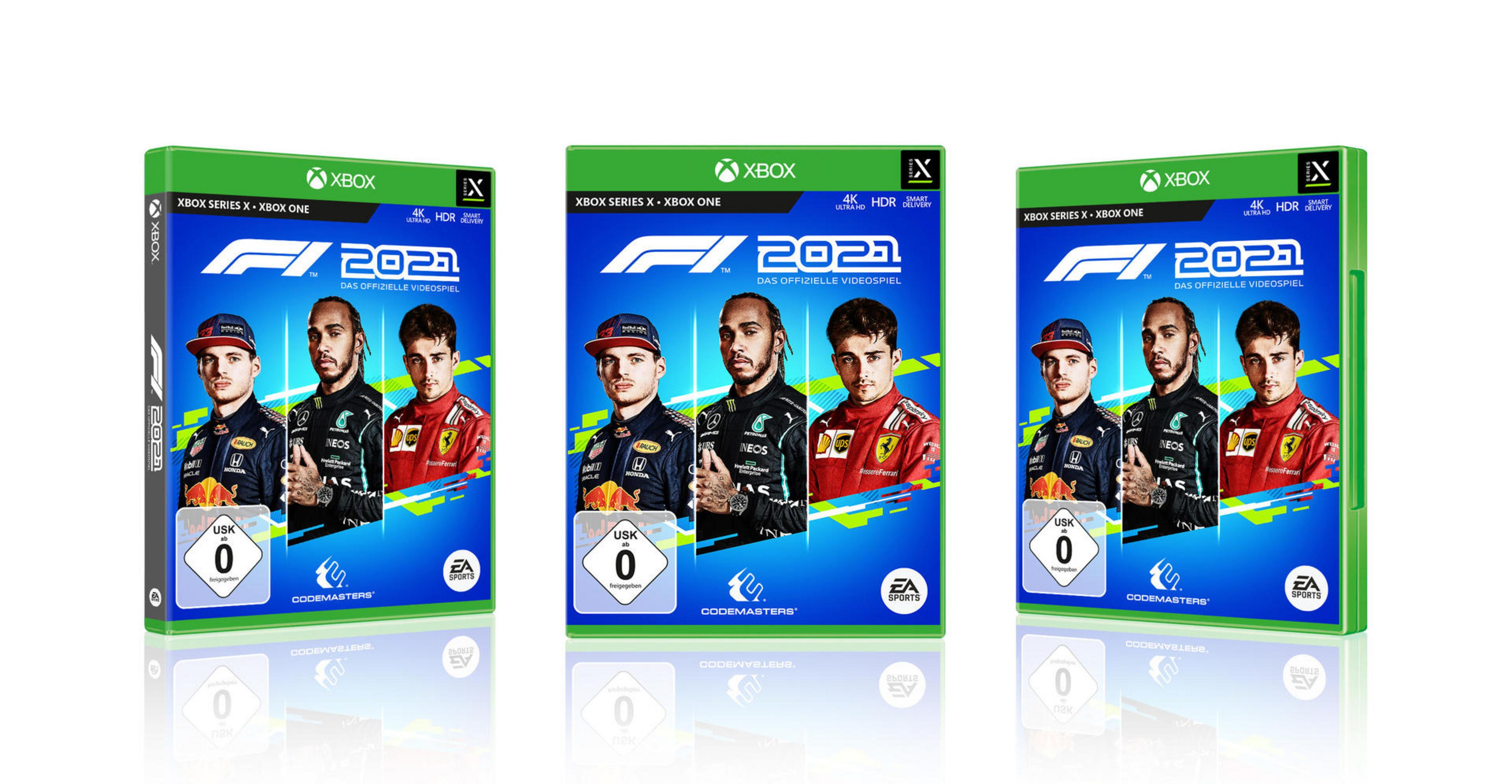 F1 2021 Spielbox-Set. Drei Boxen mit Fahrern auf dem Cover. Xbox Series X und Xbox One Logos sind sichtbar.