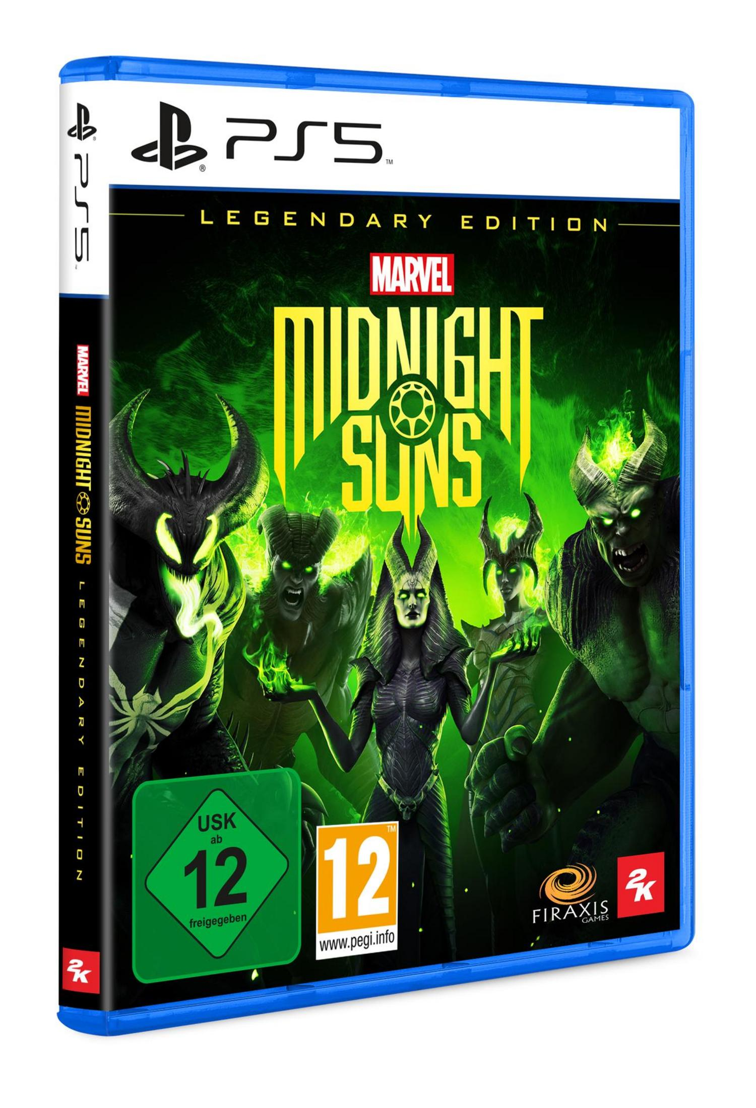 Marvel Midnight Suns PS5-Spielbox. Grüne und schwarze Hülle mit Charakteren. Dämonen und Helden sind zu sehen.