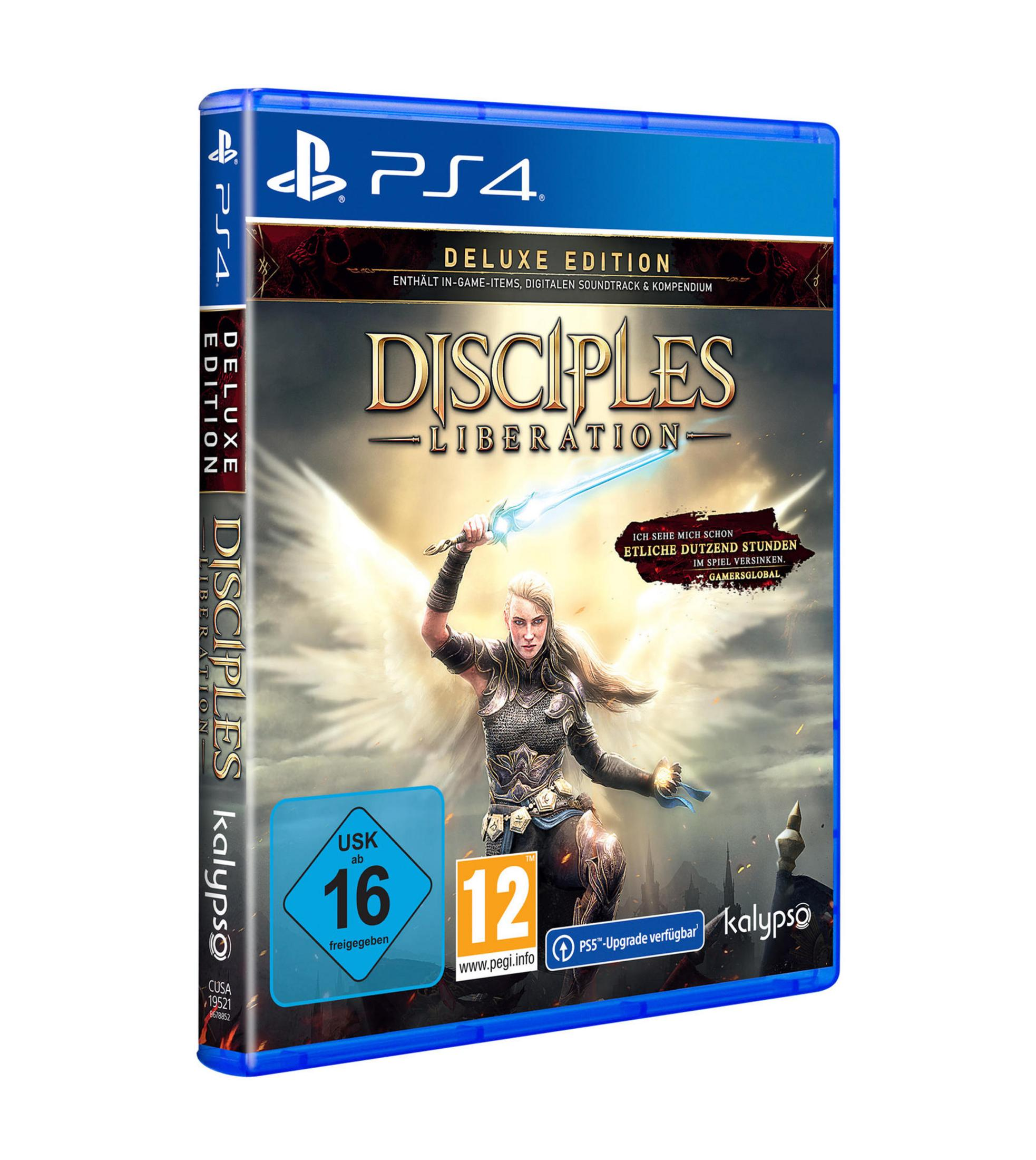 PS4-Spielbox für Disciples: Liberation. Zeigt eine Frau mit Schwert, Text und Logos.
