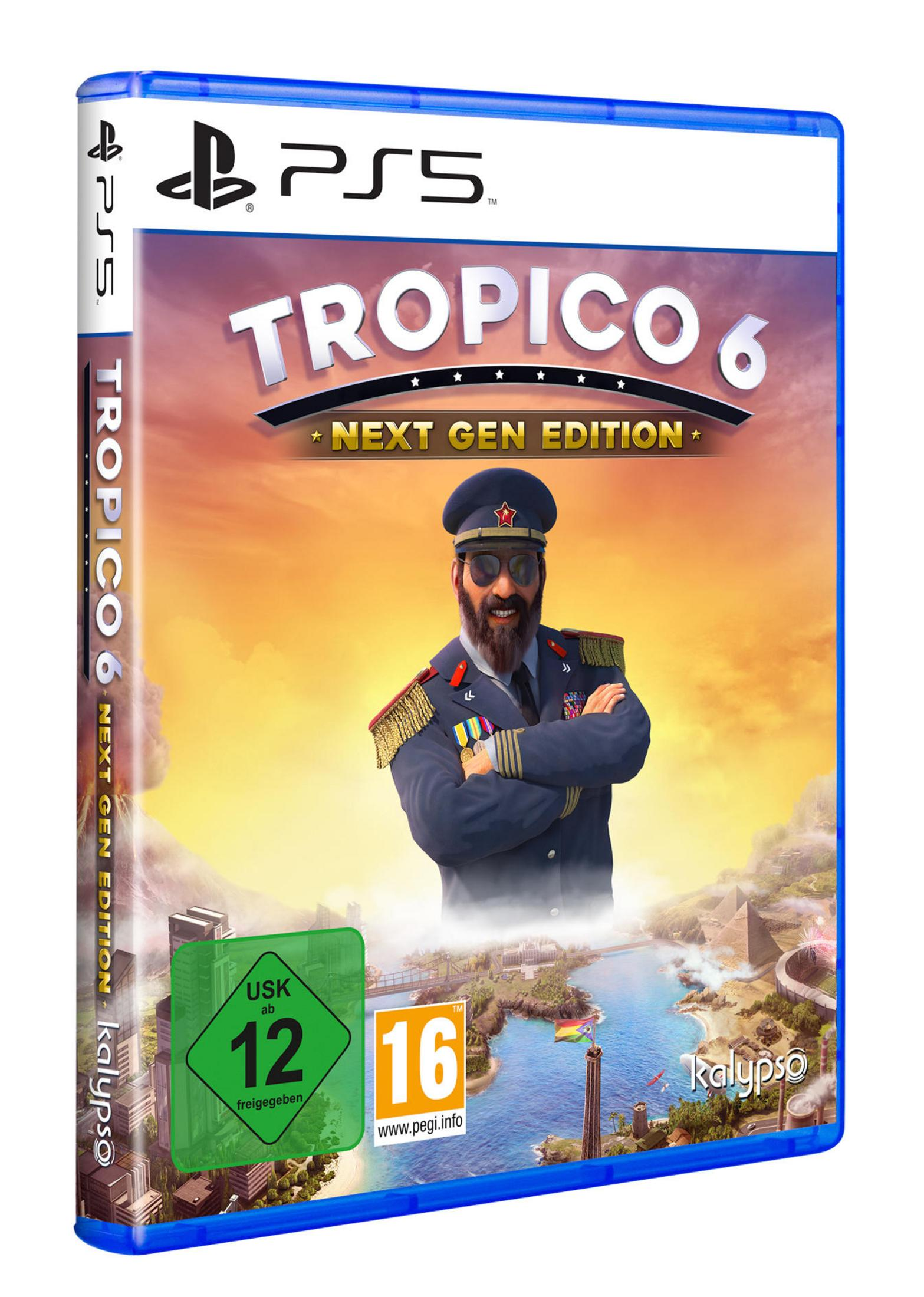 Tropico 6 Spielbox. Ein Mann mit Militäruniform und Sonnenbrille ist auf dem Cover. Das PS5 Logo ist sichtbar.