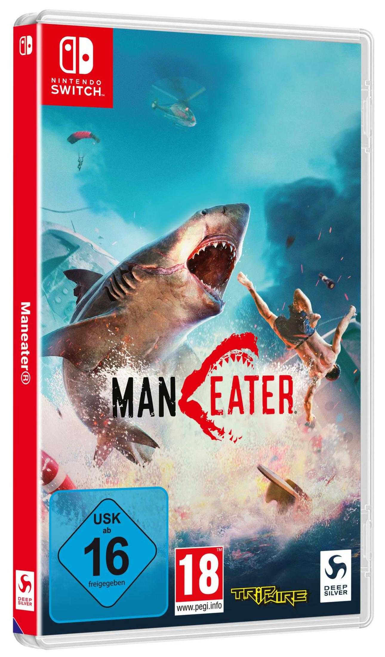 Pudełko z grą Switch. Rekin z otwartą paszczą. Tytuł: Maneater. Osoba skacze do wody.