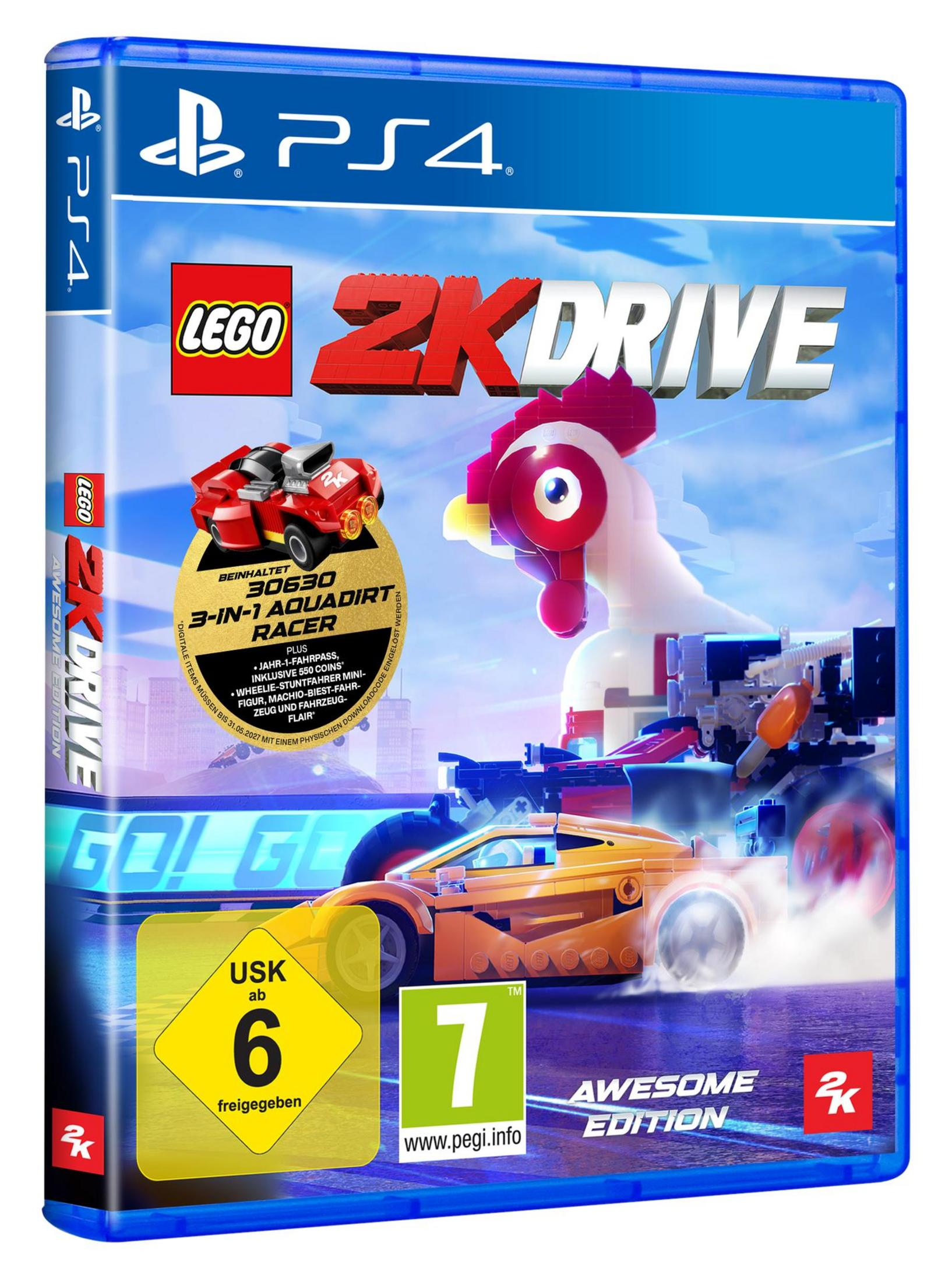 Lego 2K Drive Spielbox. Zeigt ein rotes Auto, ein Lego-Huhn und einen gelben Rennwagen.