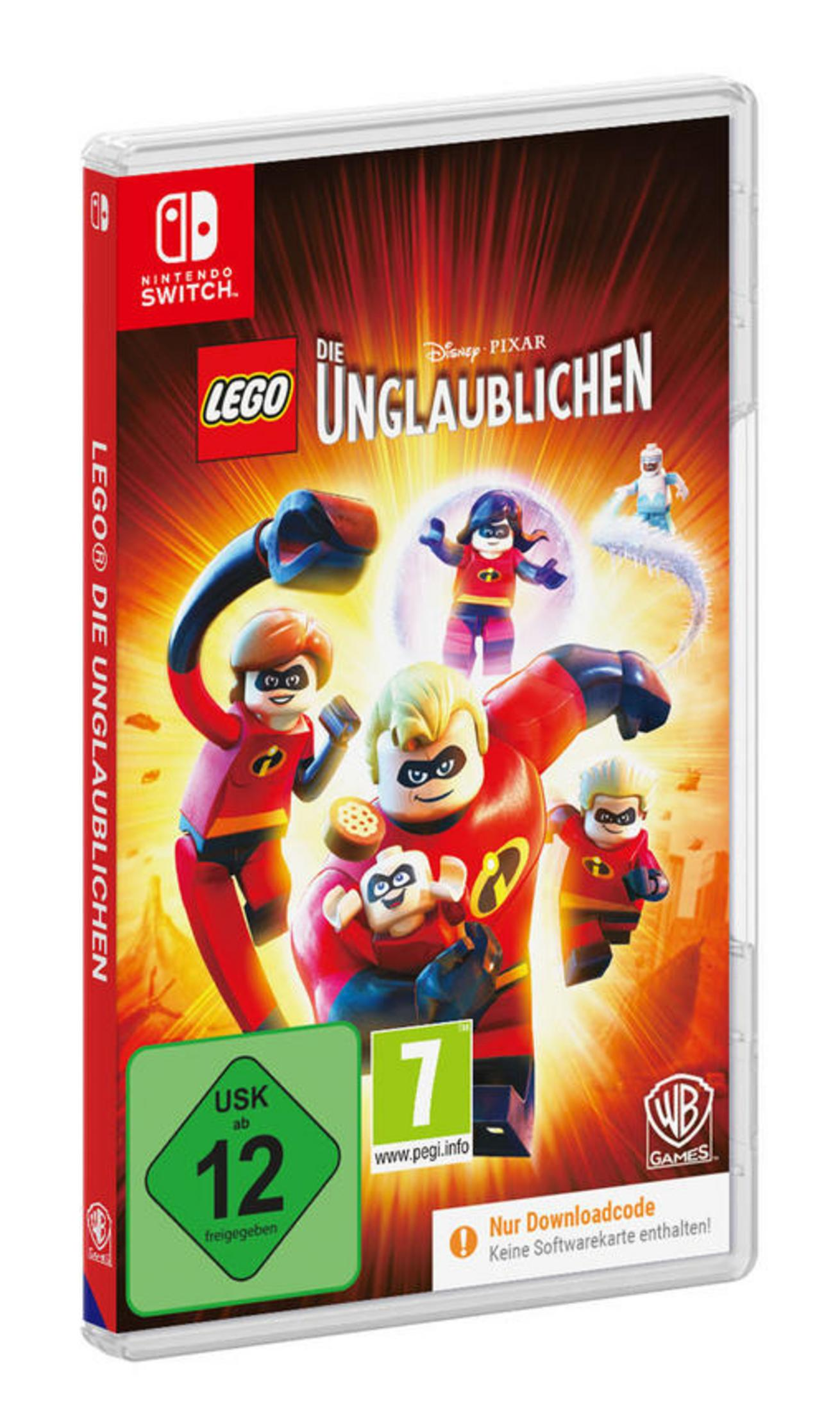 Lego Die Unglaublichen Spielverpackung, Charaktere in Actionposen, rot-schwarz. Nintendo Switch Logo sichtbar.