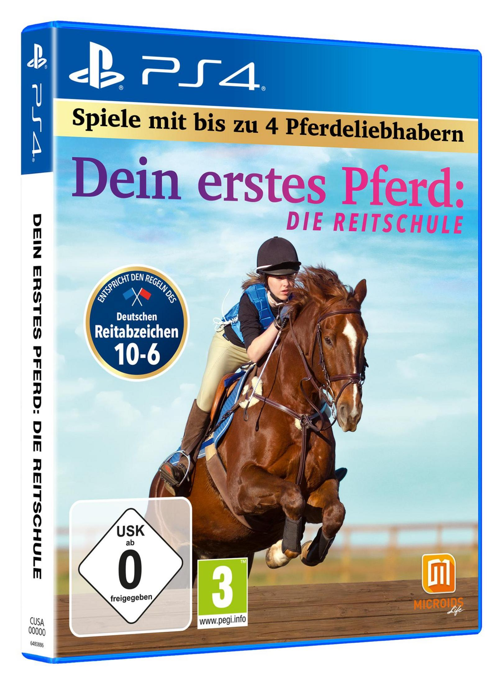 Spielcover: Ein Mädchen reitet auf einem braunen Pferd. Text: Dein erstes Pferd: Die Reitschule.