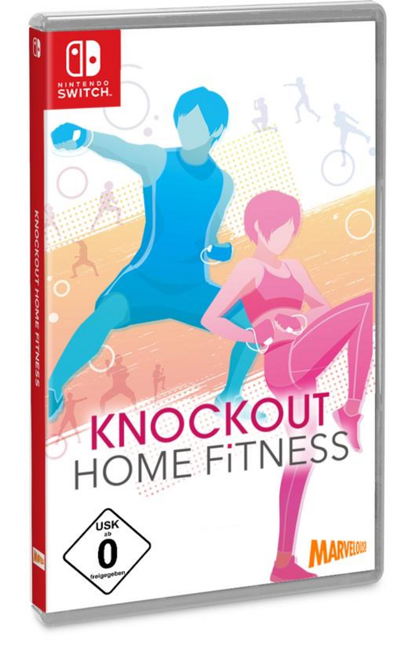 Knockout Home Fitness Spielbox. Zeigt zwei Figuren, eine blaue und eine rosa, in Fitnesspose.
