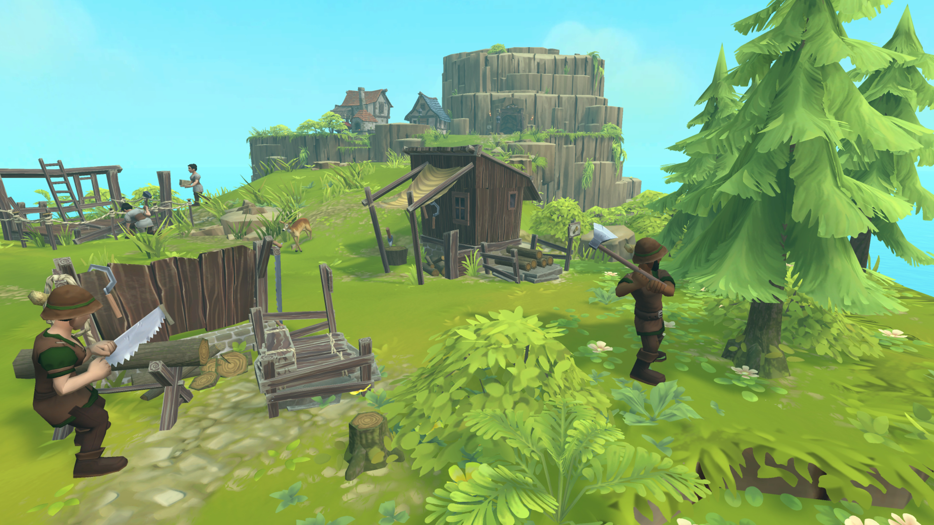 Eine lebendige Low-Poly-Szene mit Dorfbewohnern, einer Hütte und einer großen Struktur auf einem Hügel.