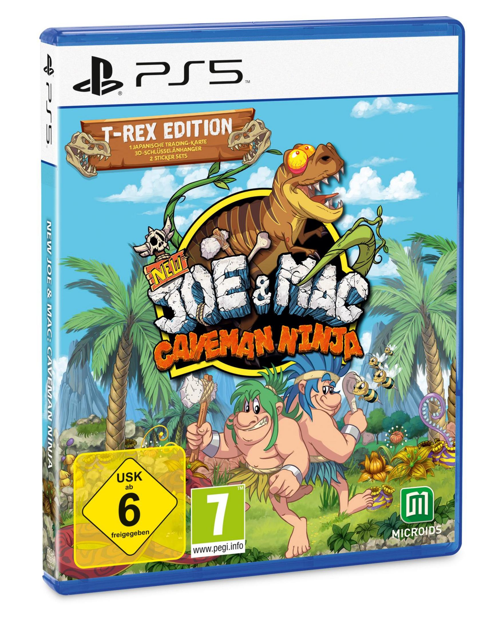 PS5-Spielhülle: Caveman Ninja Spiel mit Dinosauriern und Höhlenmenschen im Dschungel.