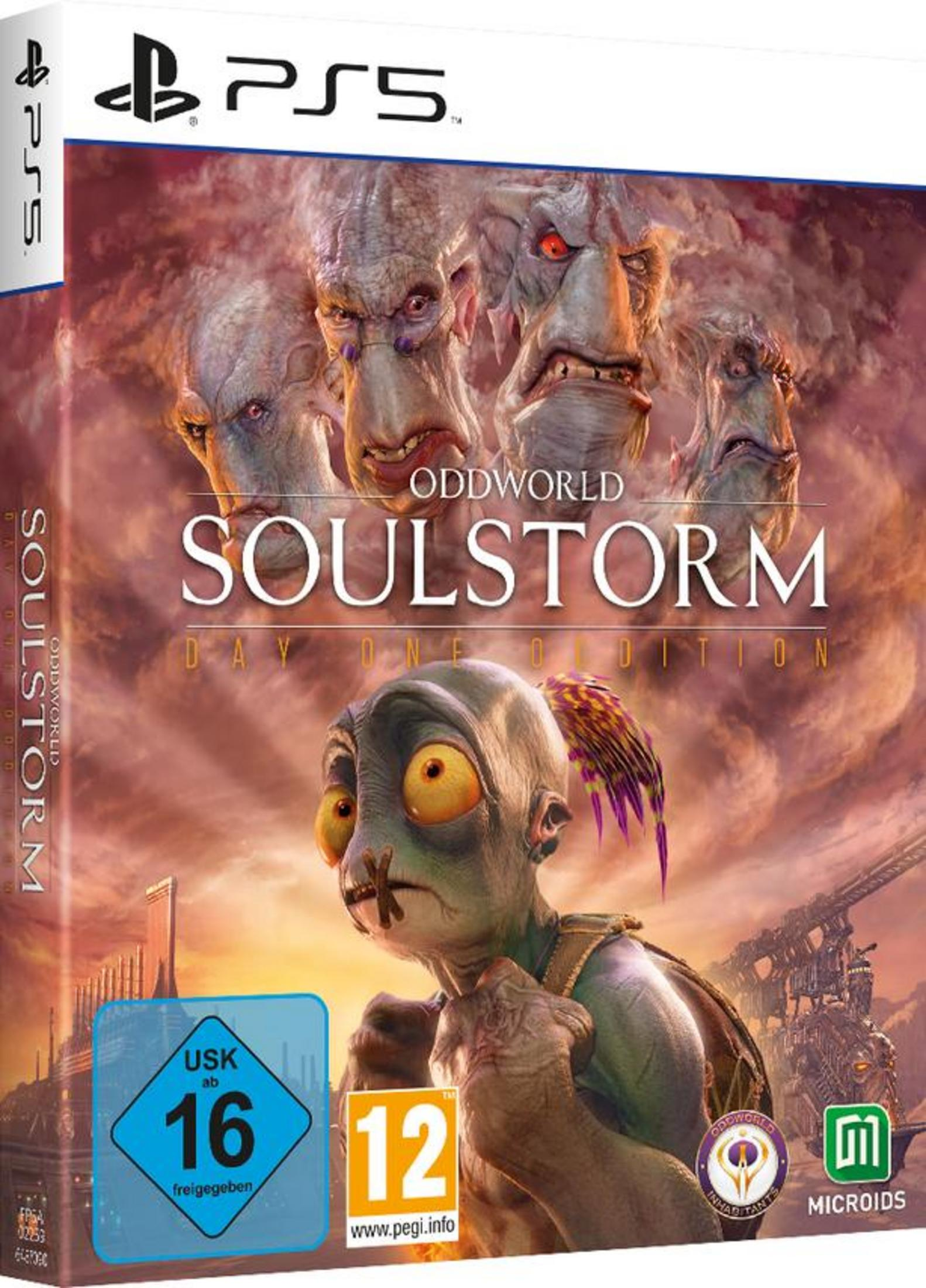 Spielcover: Oddworld: Soulstorm, PS5, groteske Gesichter.