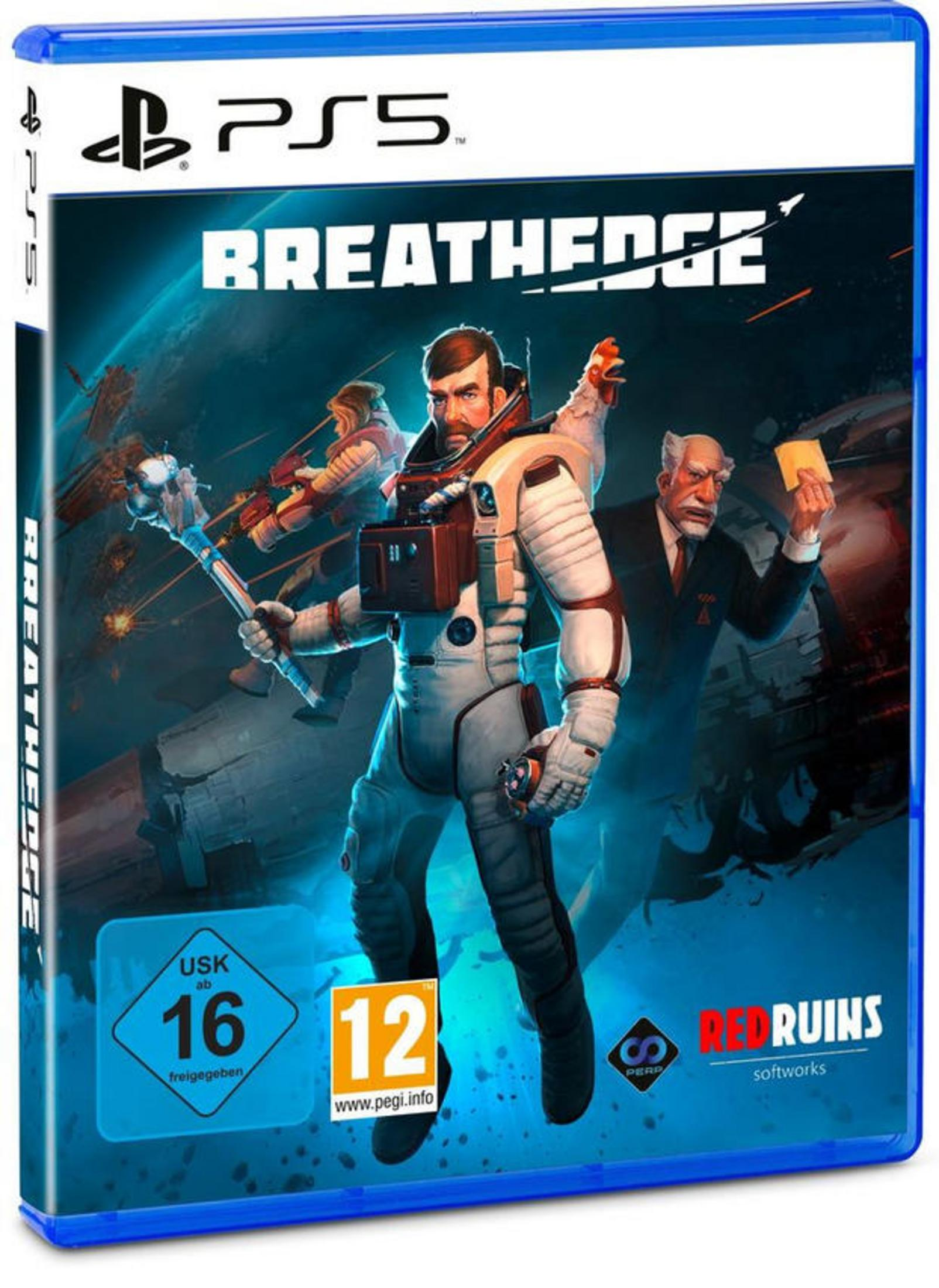 Eine PS5-Spielbox. Titel: Breathe Edge. Das Cover zeigt einen Mann im Raumanzug und andere Figuren.