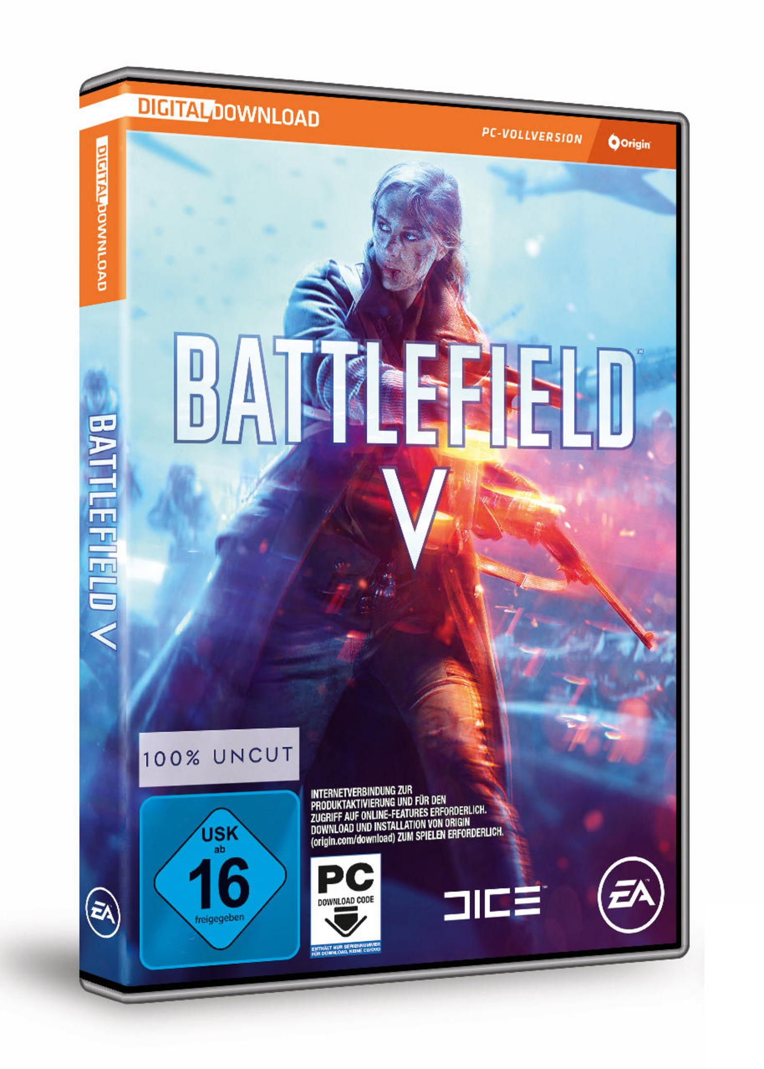 Boîte de jeu, Battlefield V, femme avec arme. Bâtiments et explosions en arrière-plan. Couleurs sombres et sourdes.