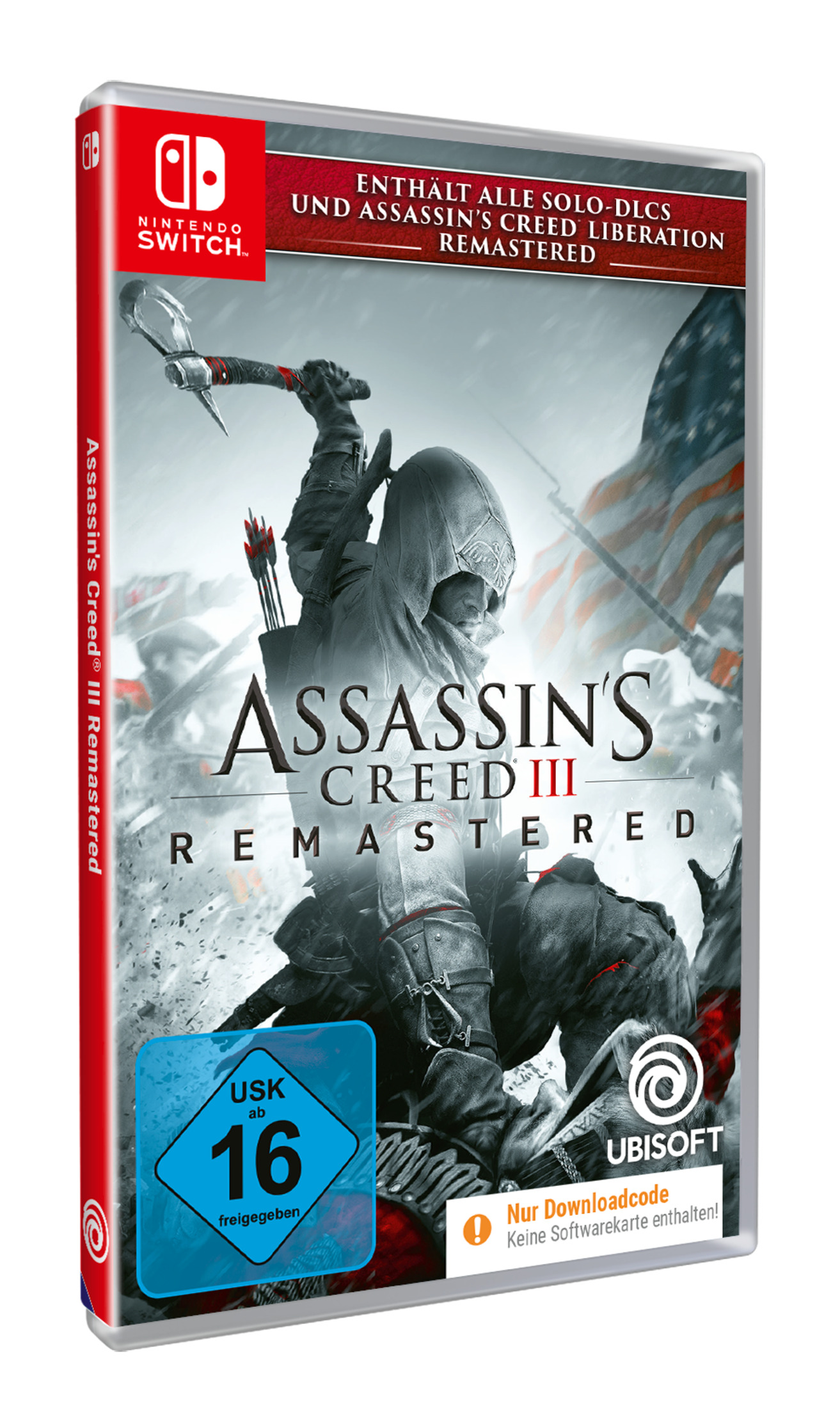 Nintendo Switch-Spielcover: Assassin's Creed III Remastered, zeigt eine Kampfszene.