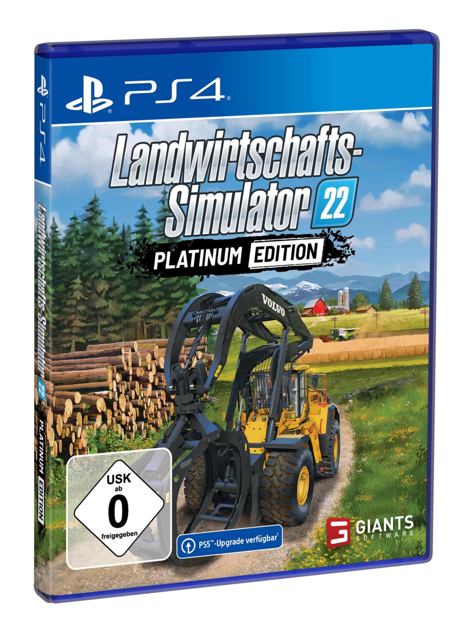 Spielbox. Traktor auf einem Feld. Bäume und Himmel im Hintergrund. Titel: Landwirtschafts-Simulator 22.
