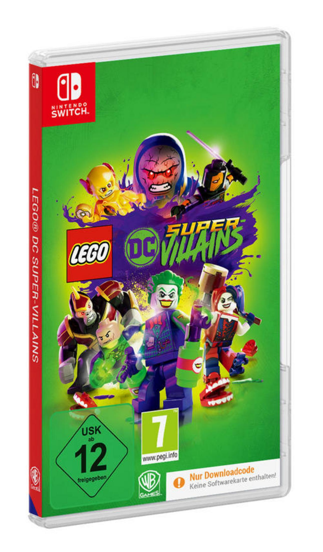 Spielbox-Art für Lego DC Super-Villains, Lego-Figuren auf grünem Hintergrund.