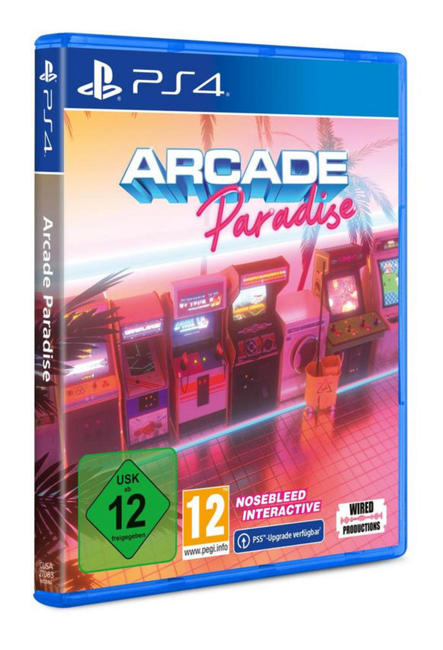 Arcade Paradise couverture du jeu PS4, montrant des bornes d'arcade dans un cadre rétro.