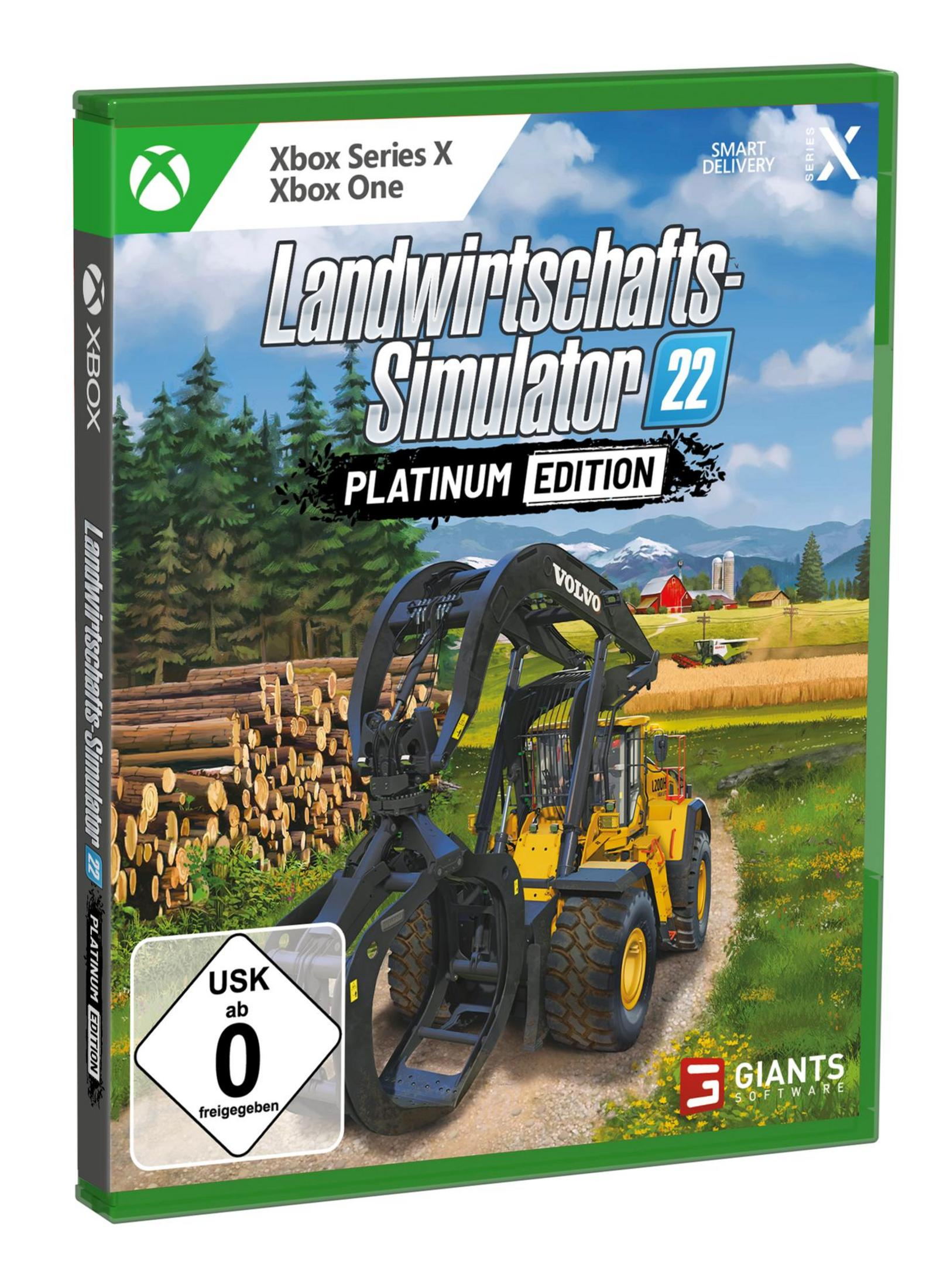 Farming Simulator 22 Platinum Edition Xbox Series X-Spielbox. Zeigt einen Traktor.