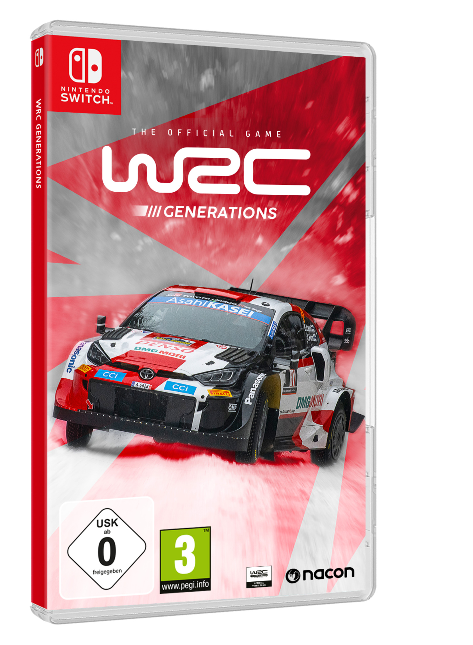 WRC Generations Spielverpackung für Nintendo Switch, mit einem Rallyeauto auf rotem und weißem Hintergrund.