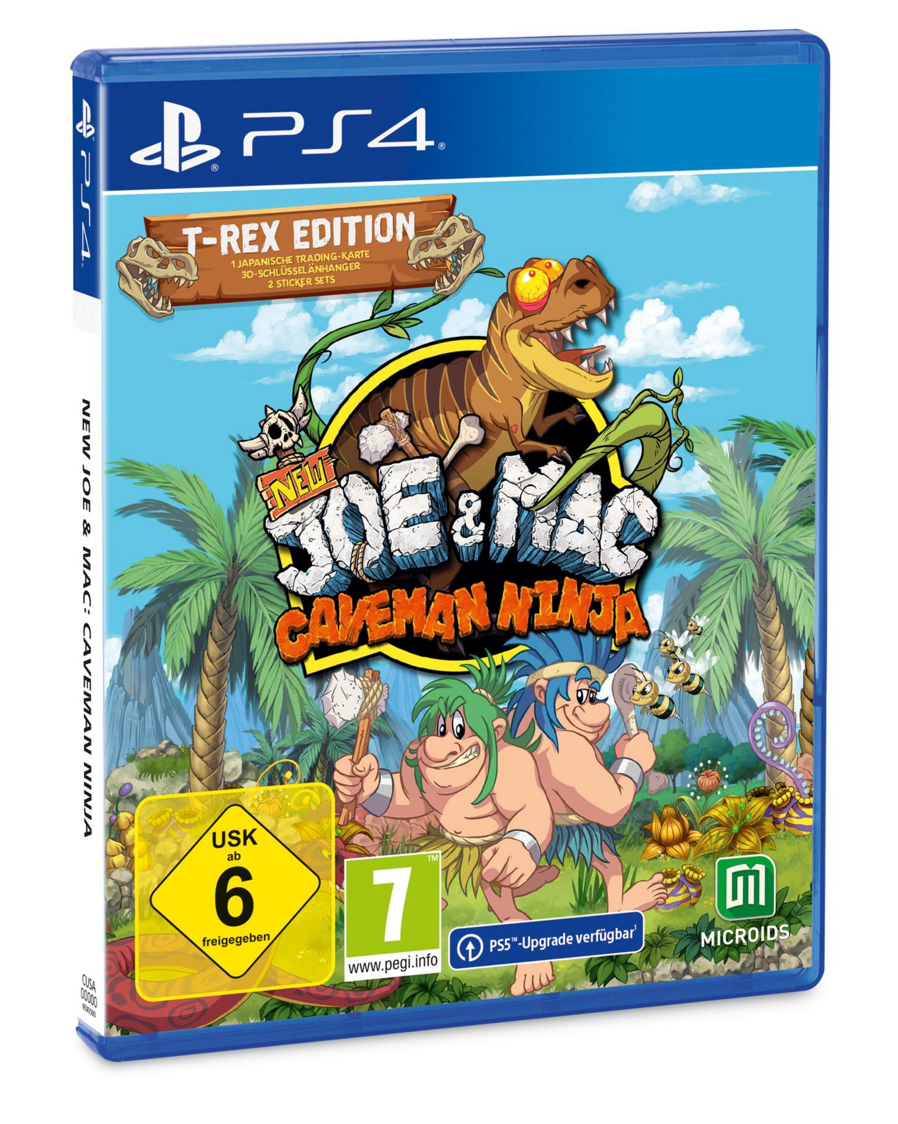 PS4 Spielcover: New Joe & Mac: Caveman Ninja, mit Comic-Höhlenmenschen.
