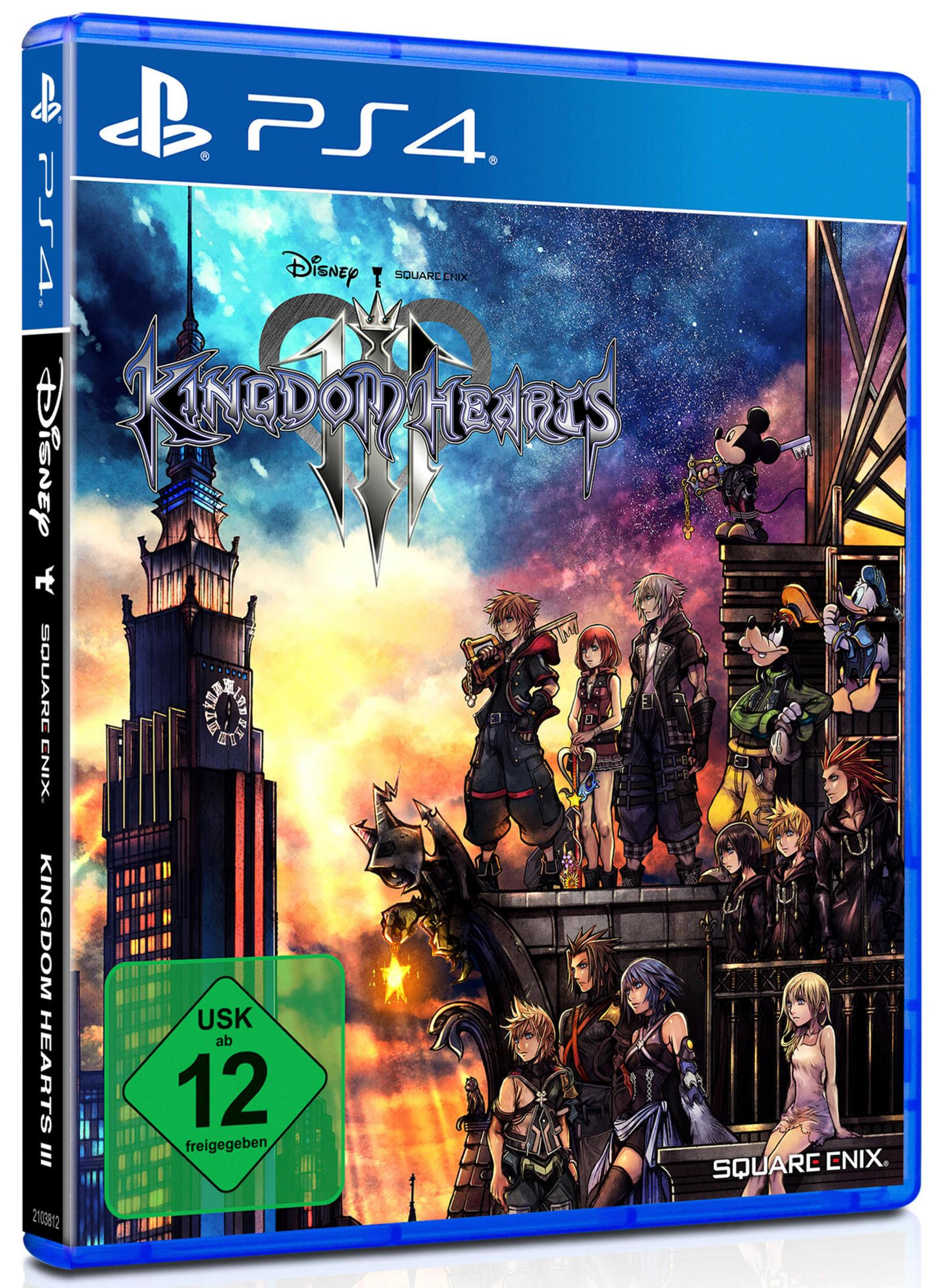 PS4-Spielbox. Charaktere auf einem Turm. Titel: Kingdom Hearts III, mit Disney- und Square Enix-Logos.