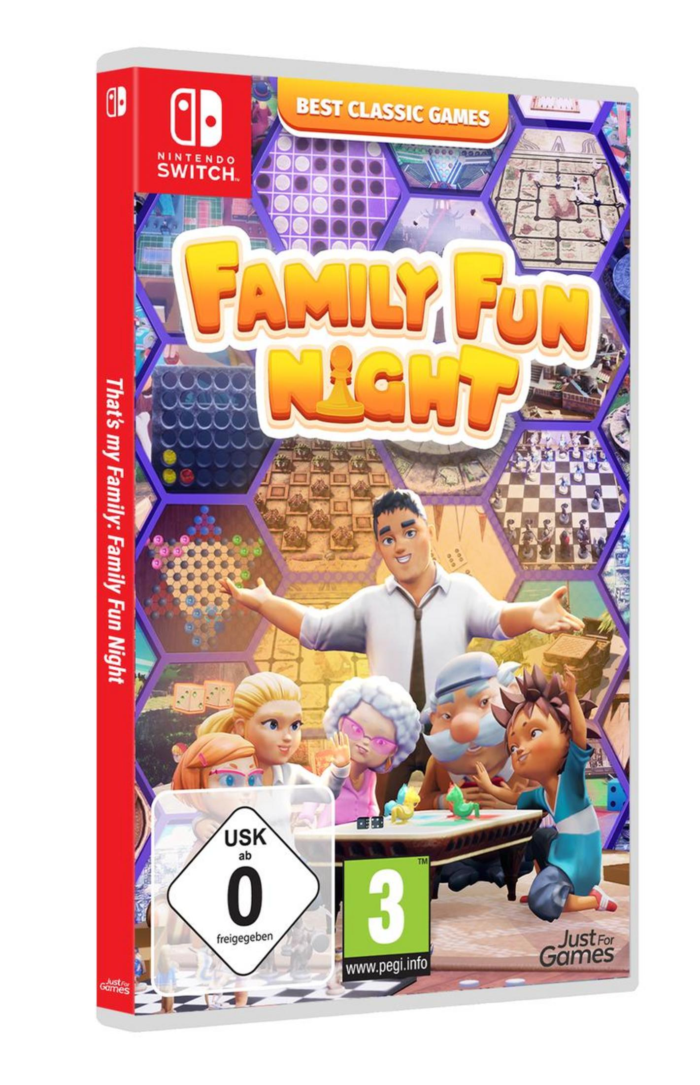 Nintendo Switch Spielbox von Family Fun Night, Cartoon-Charaktere auf dem Cover.