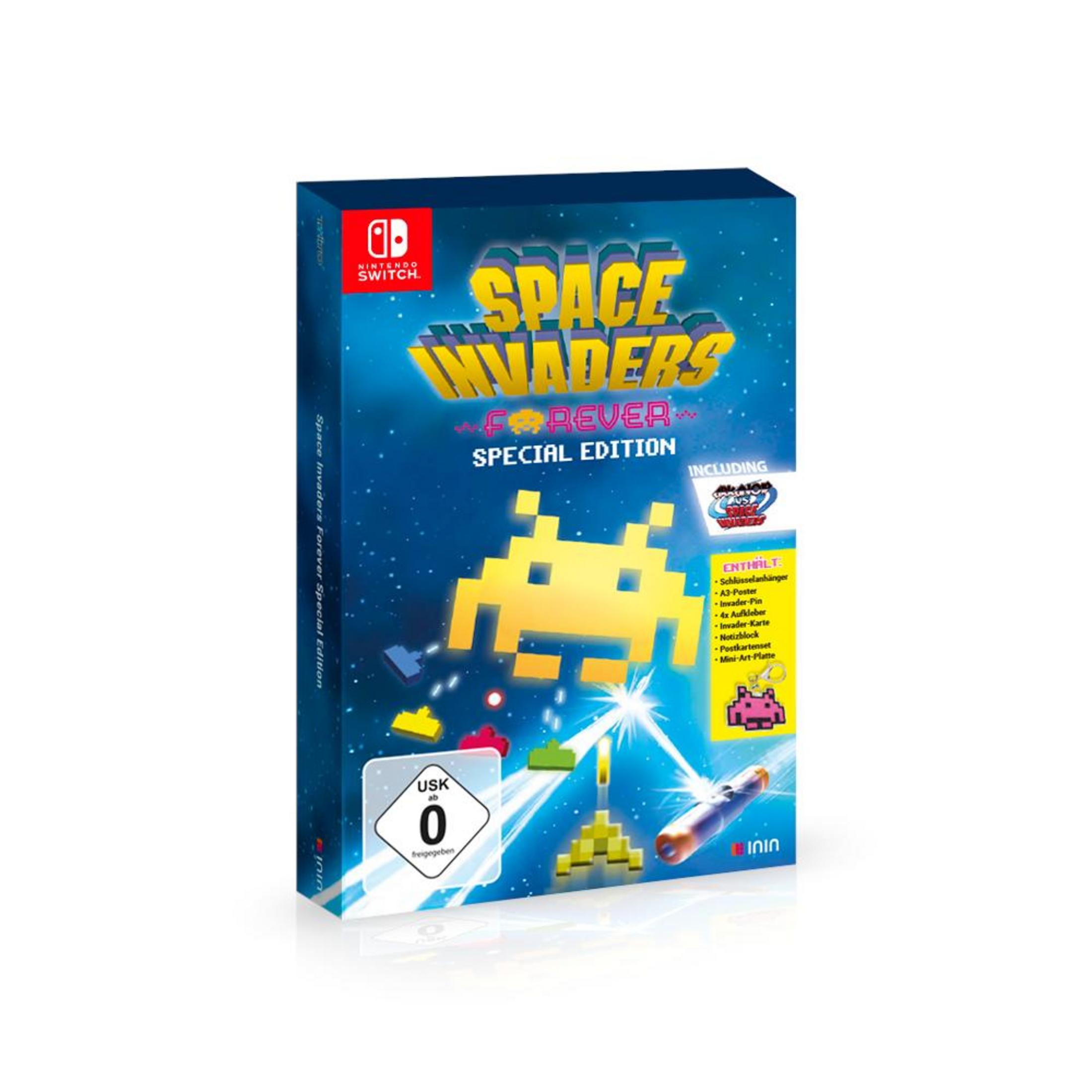 Scatola del gioco Space Invaders Forever per Nintendo Switch. Mostra il logo e i personaggi.
