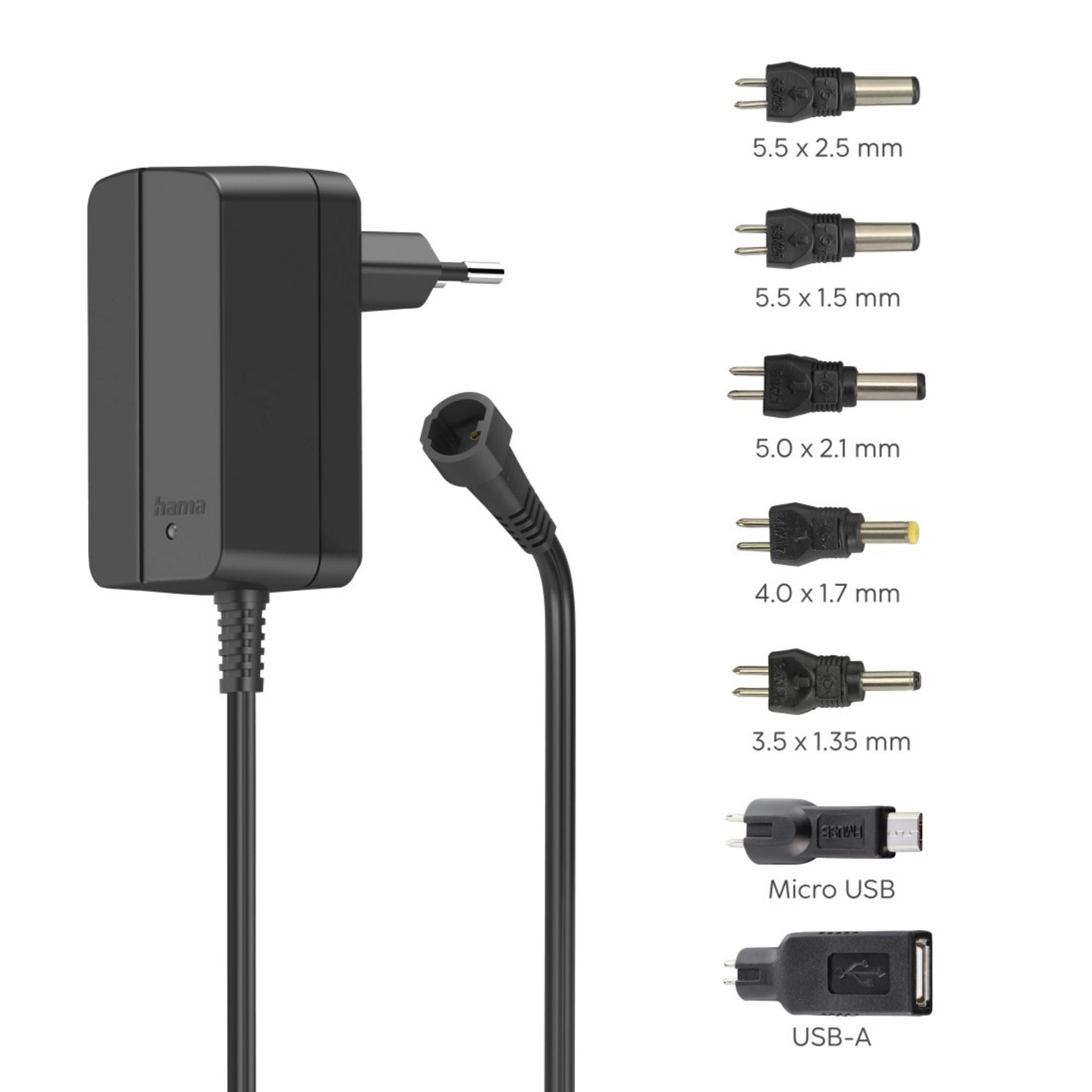 Adaptador de corriente negro con múltiples tipos de conectores. Varios tamaños son visibles.