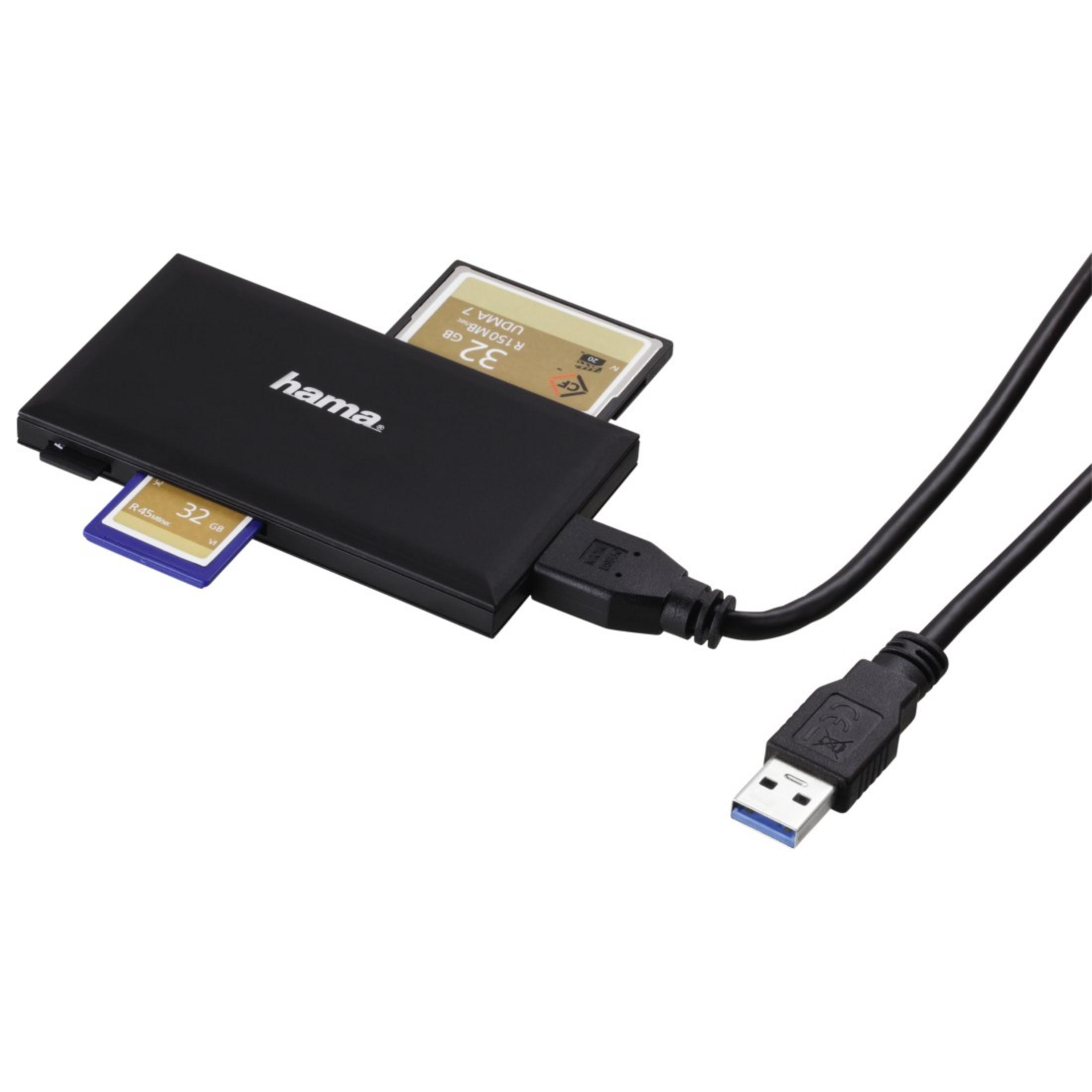 Lettore di schede Hama nero con due schede SD inserite, collegato a un cavo USB.
