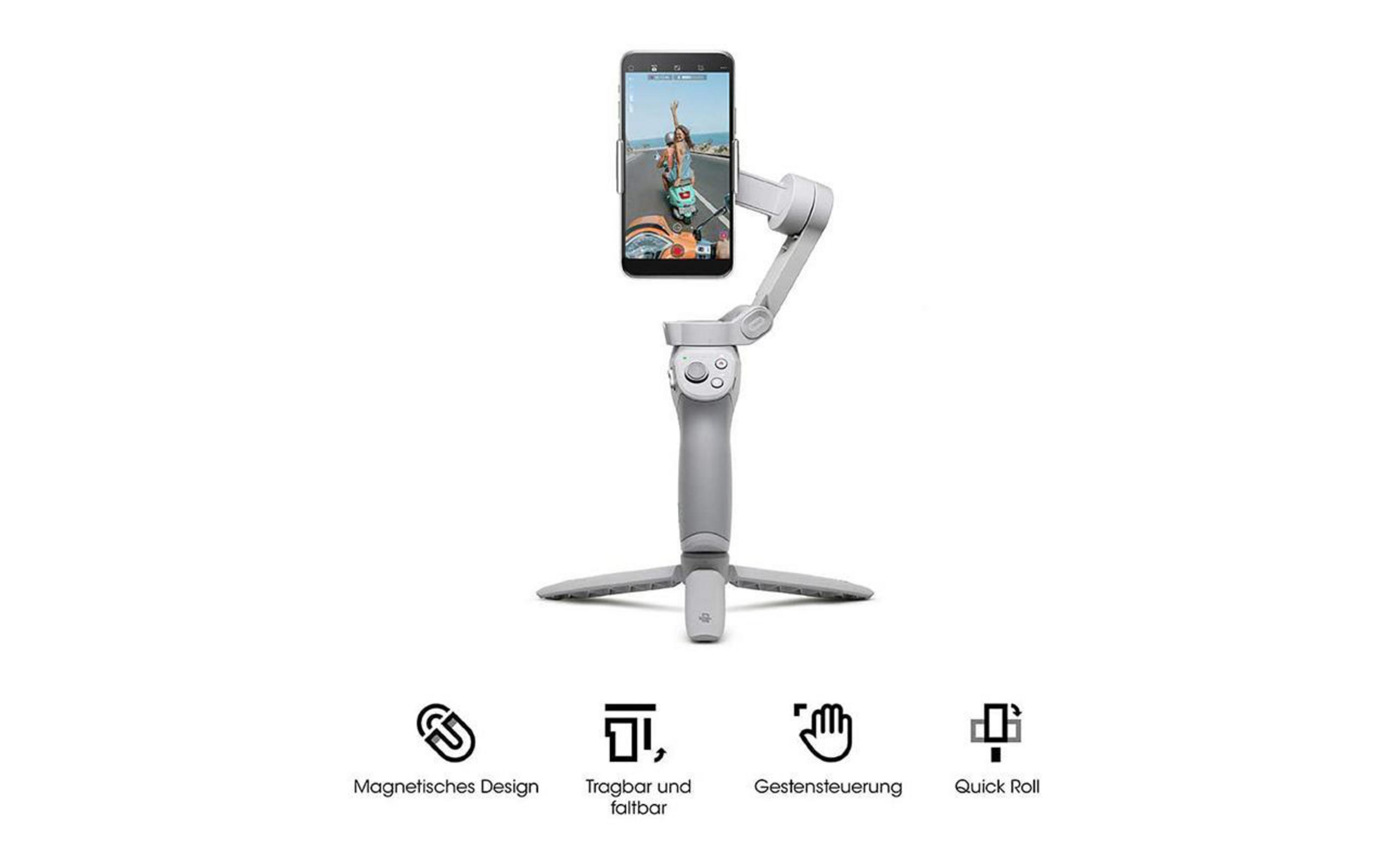 Weiß-graues Smartphone-Gimbal mit angebrachtem Telefon. Enthält Symbole für Funktionen wie Gestensteuerung.