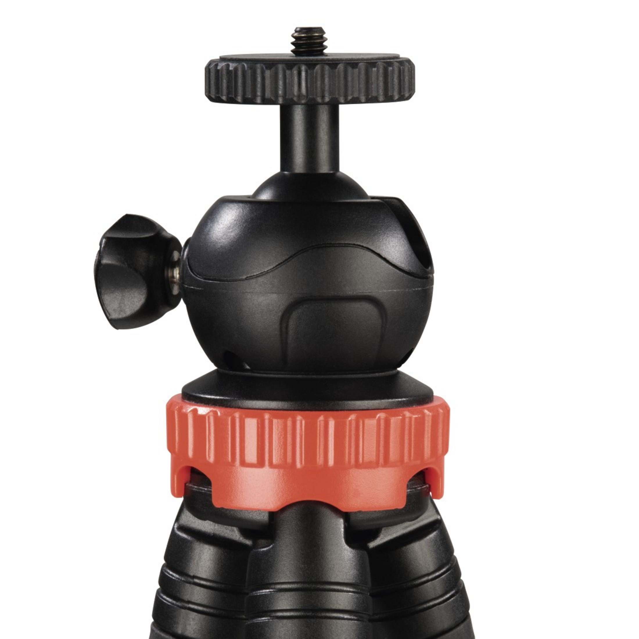 Un mini trípode negro y rojo con rótula y un tornillo superior para montar una cámara.