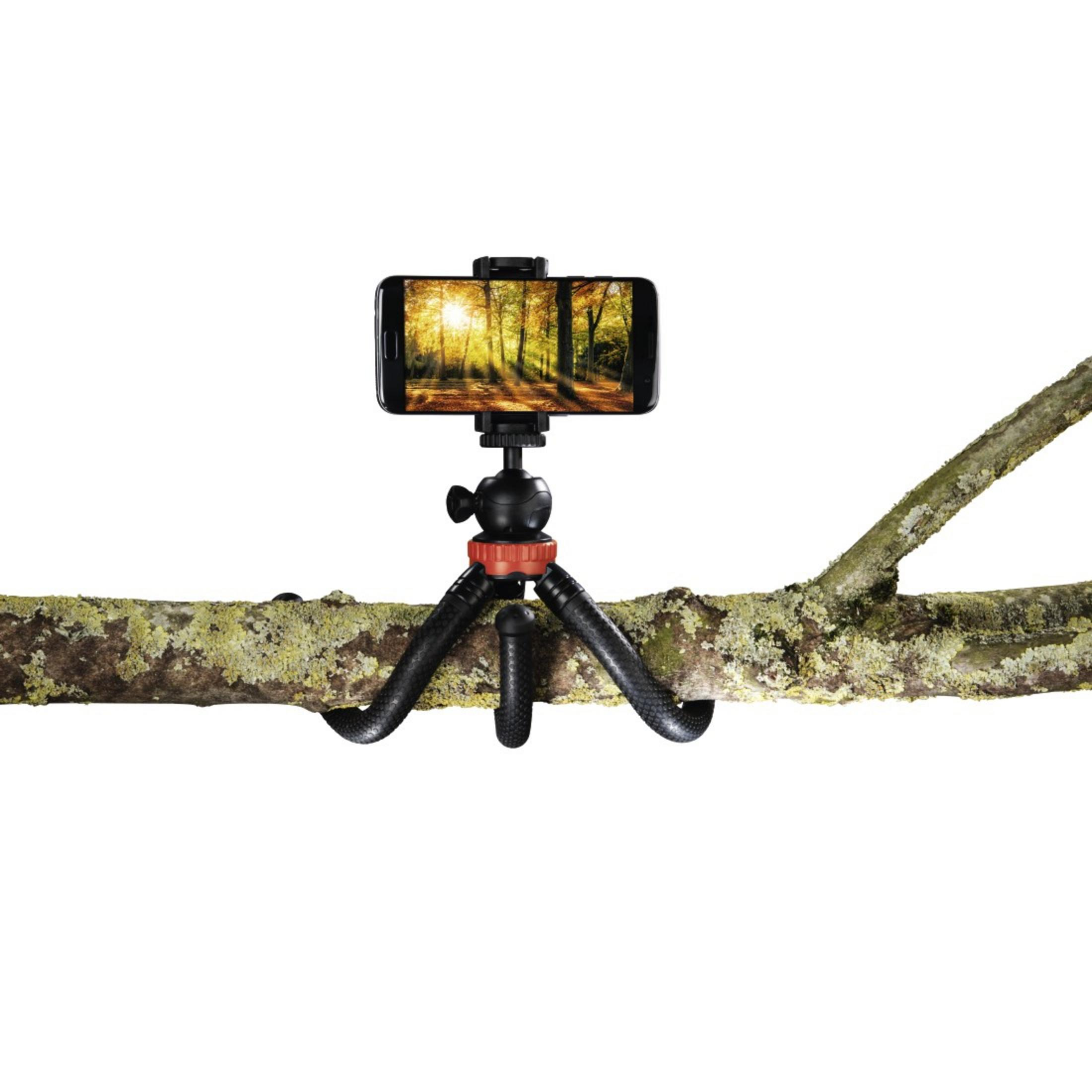 Een kleine, flexibele driepoot met een telefoon gemonteerd. De telefoon toont een boslandschap.