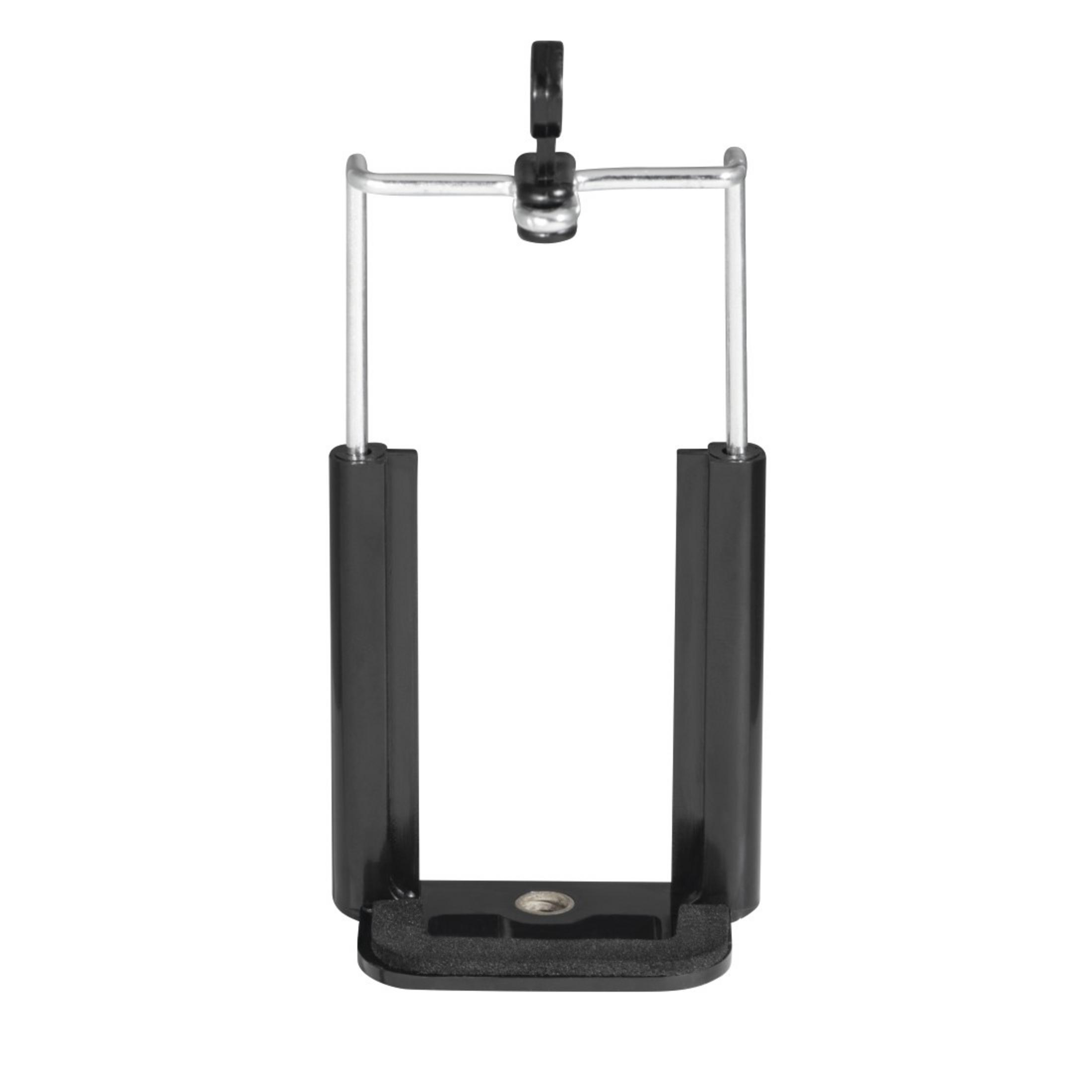 Czarny uchwyt na telefon. Ma kształt litery U. Jest na białym tle. Trzyma telefon.