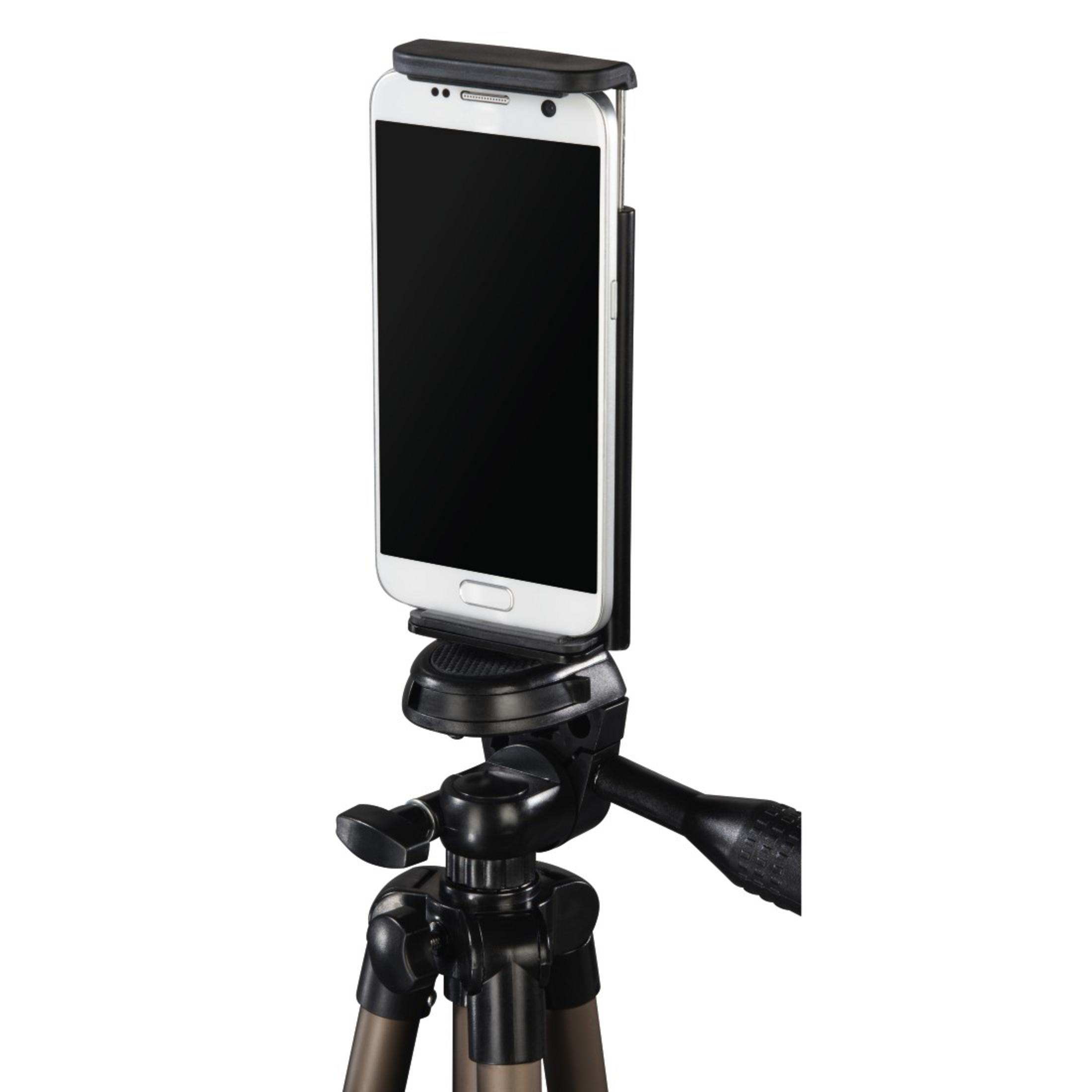 Smartphone auf einem Stativ montiert. Schwarzes Telefon mit schwarzem Halter.
