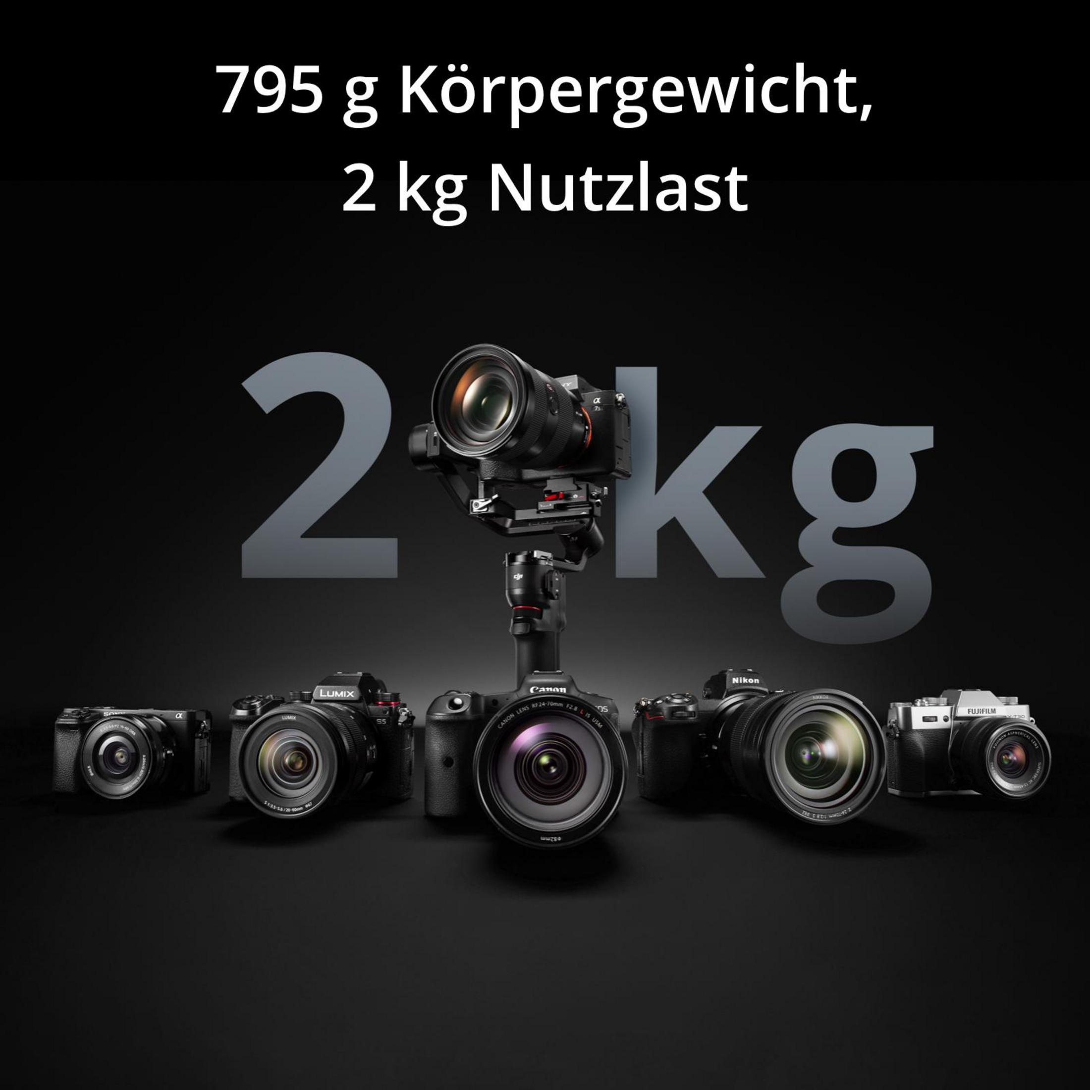 Wiele kamer na czarnym gimbalu. Tekst: 795 g waga ciała, 2 kg ładowności.