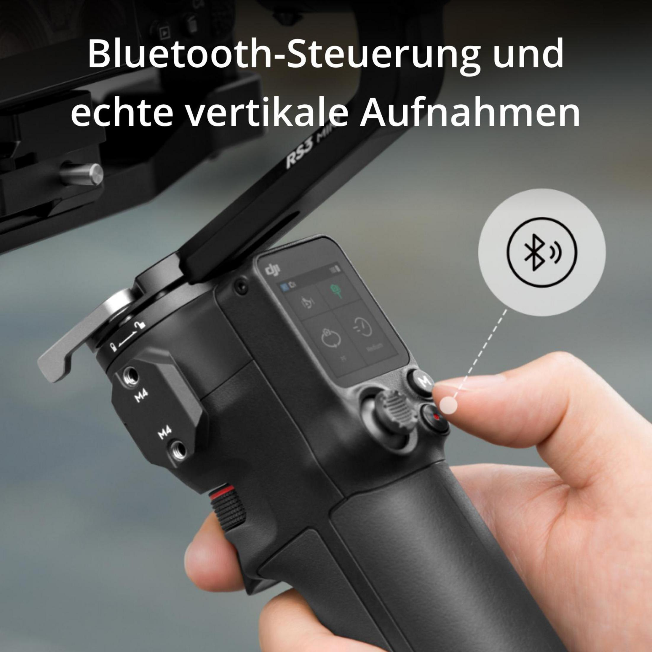 Ręka naciskająca przycisk na czarnym gimbalu, z ikoną Bluetooth i tekstem.