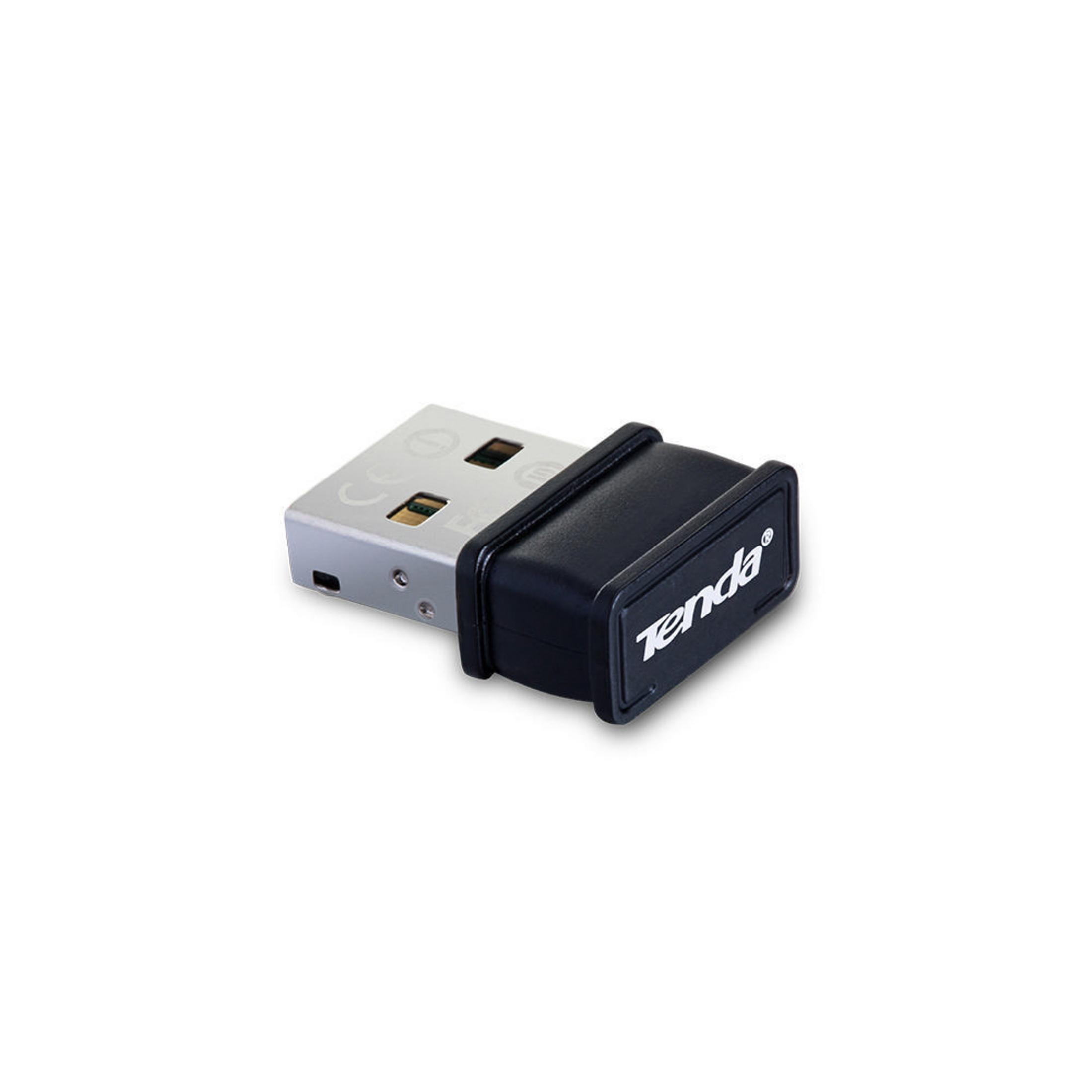 Adattatore WiFi USB, nero e argento. Marchio Tenda visibile sulla parte nera.