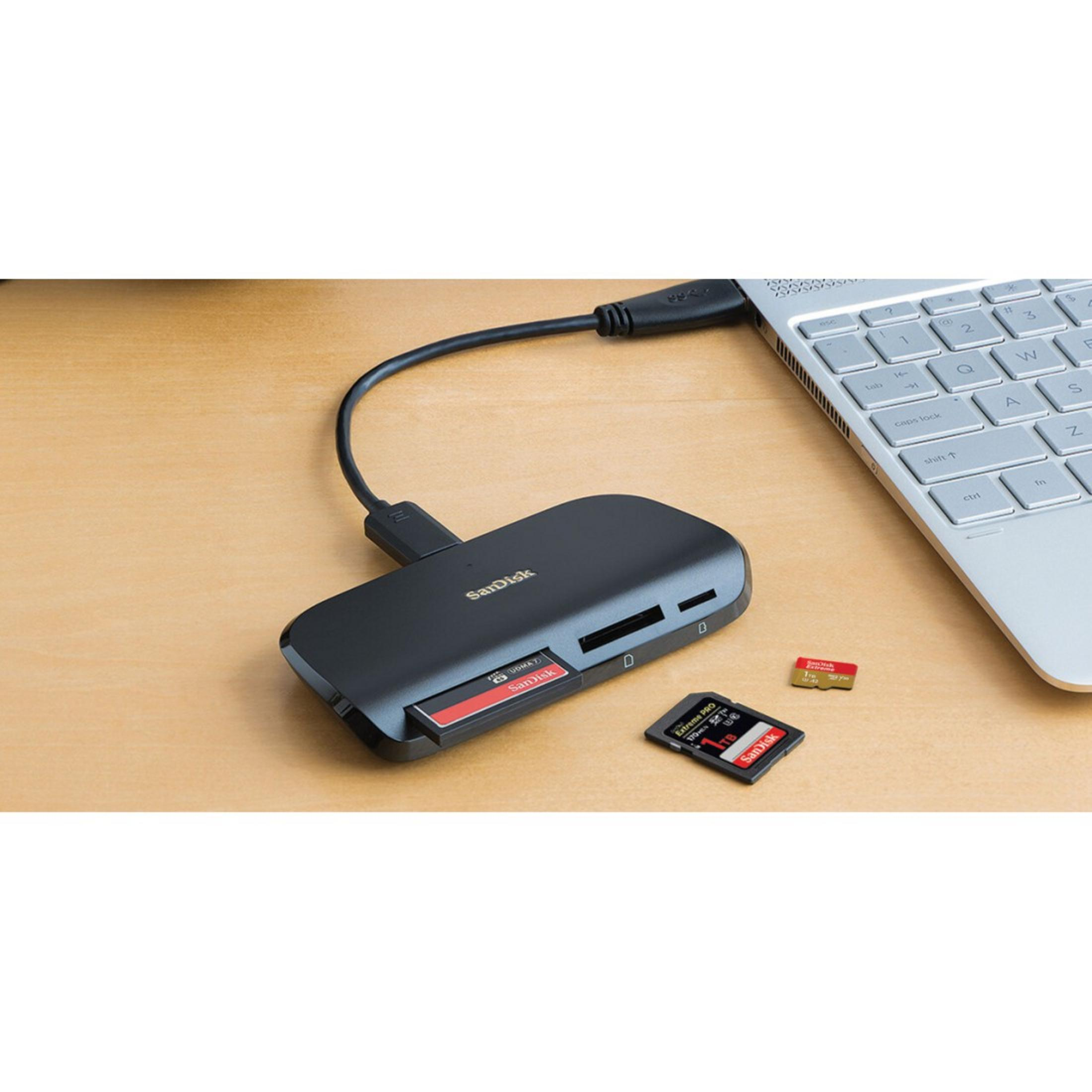 Schwarzer Kartenleser, schwarzes Kabel, mit SD-Karten neben einem Laptop auf einem Holztisch.