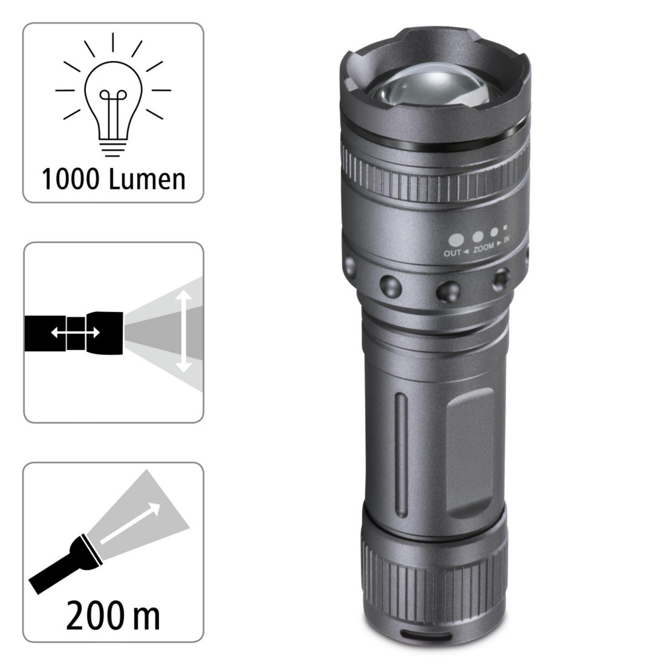 Torcia grigia con icone. Il testo dice 1000 Lumen e 200 m.