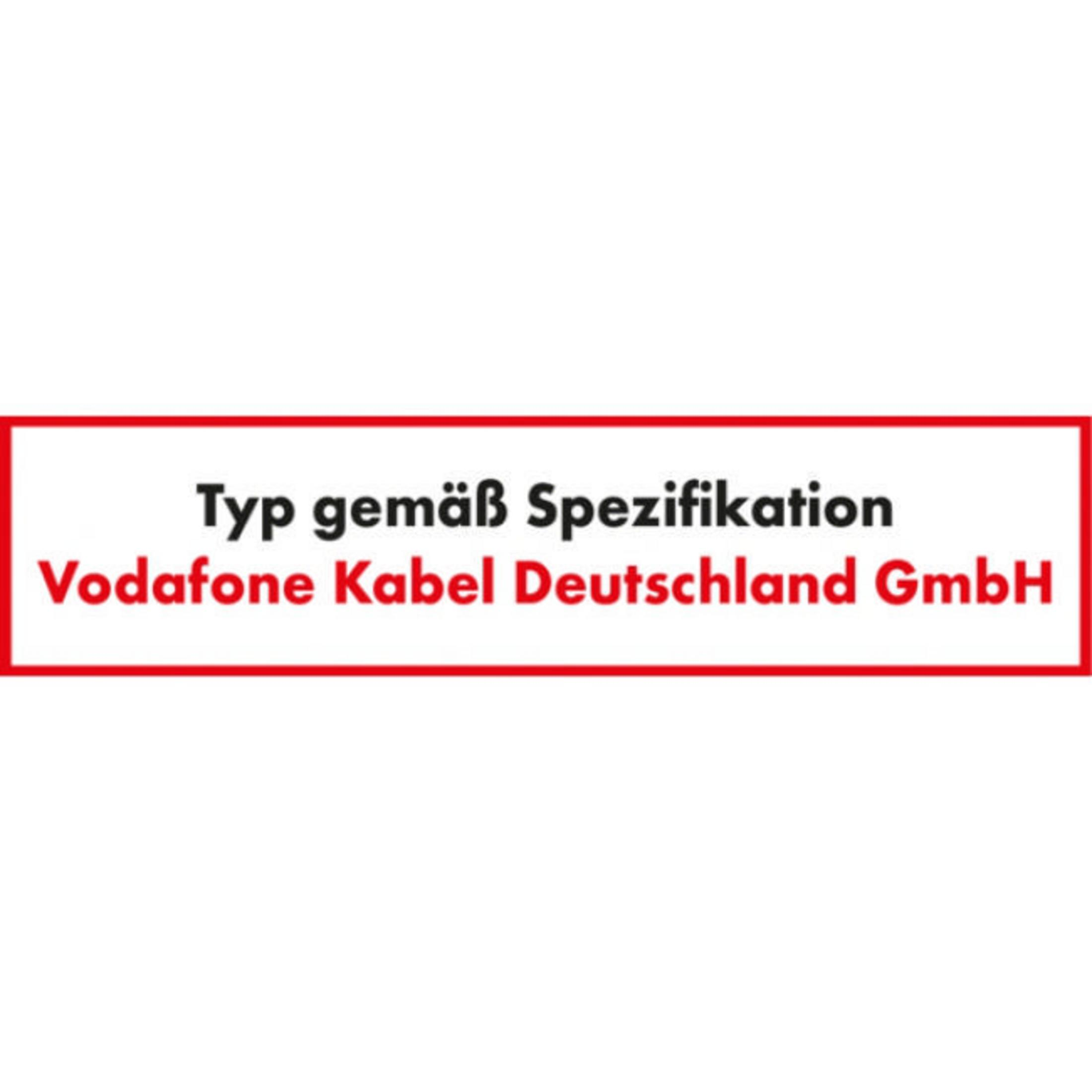 Ein rotes Rechteck mit weißem Text, Vodafone Kabel Deutschland GmbH.