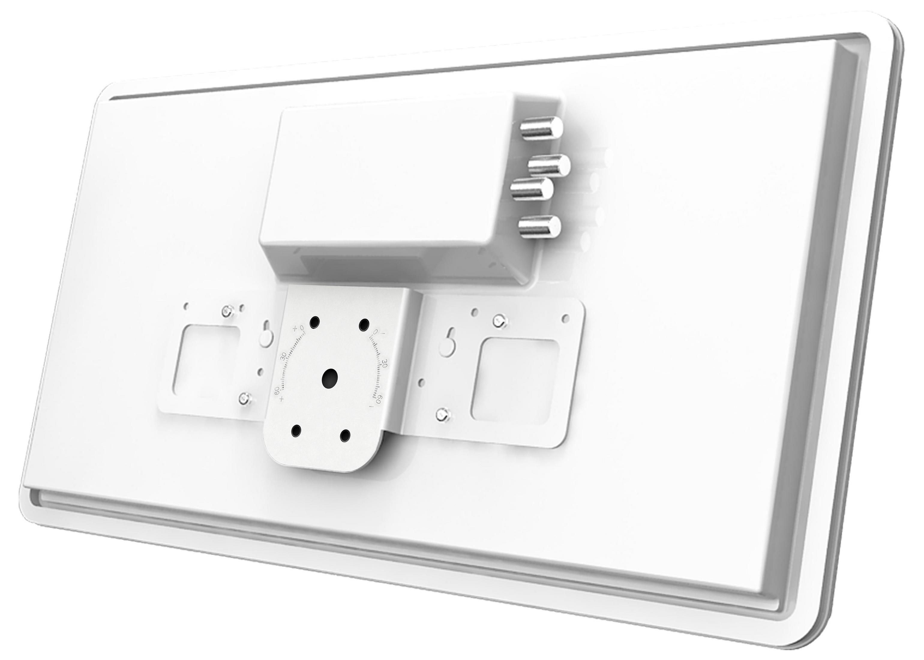 Weißes rechteckiges elektronisches Gerät mit Halterungen und Anschlüssen.