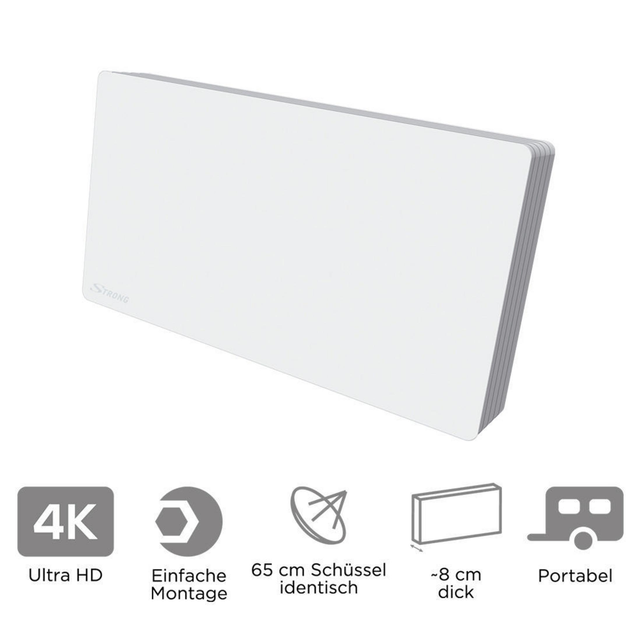 Weisse rechteckige Antenne mit Symbolen darunter, einschliesslich 4K Ultra HD und tragbar.
