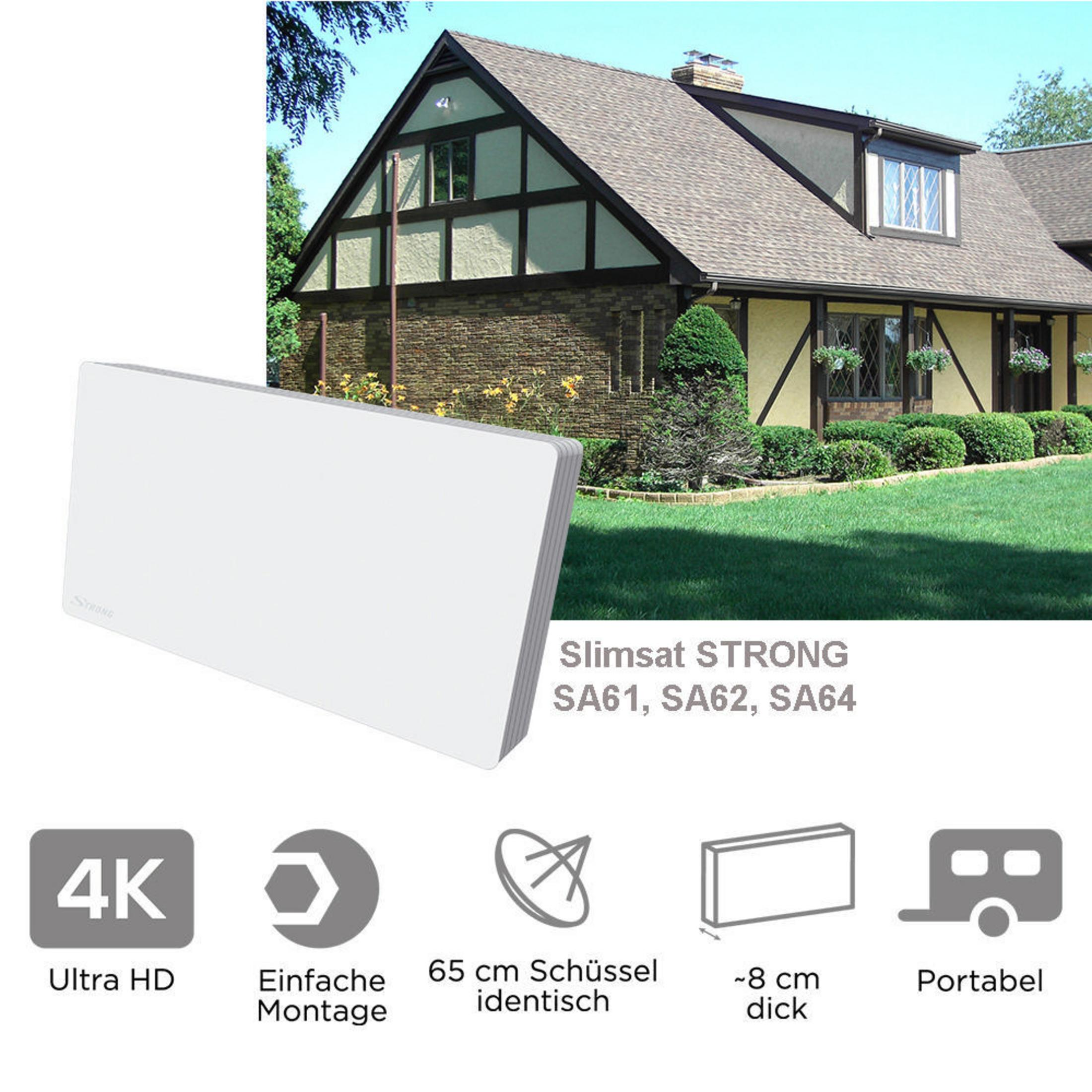 Weißes Slimsat STRONG SA61, SA62, SA64 Gerät auf weißer Oberfläche. Ein Haus und Symbole im Hintergrund.