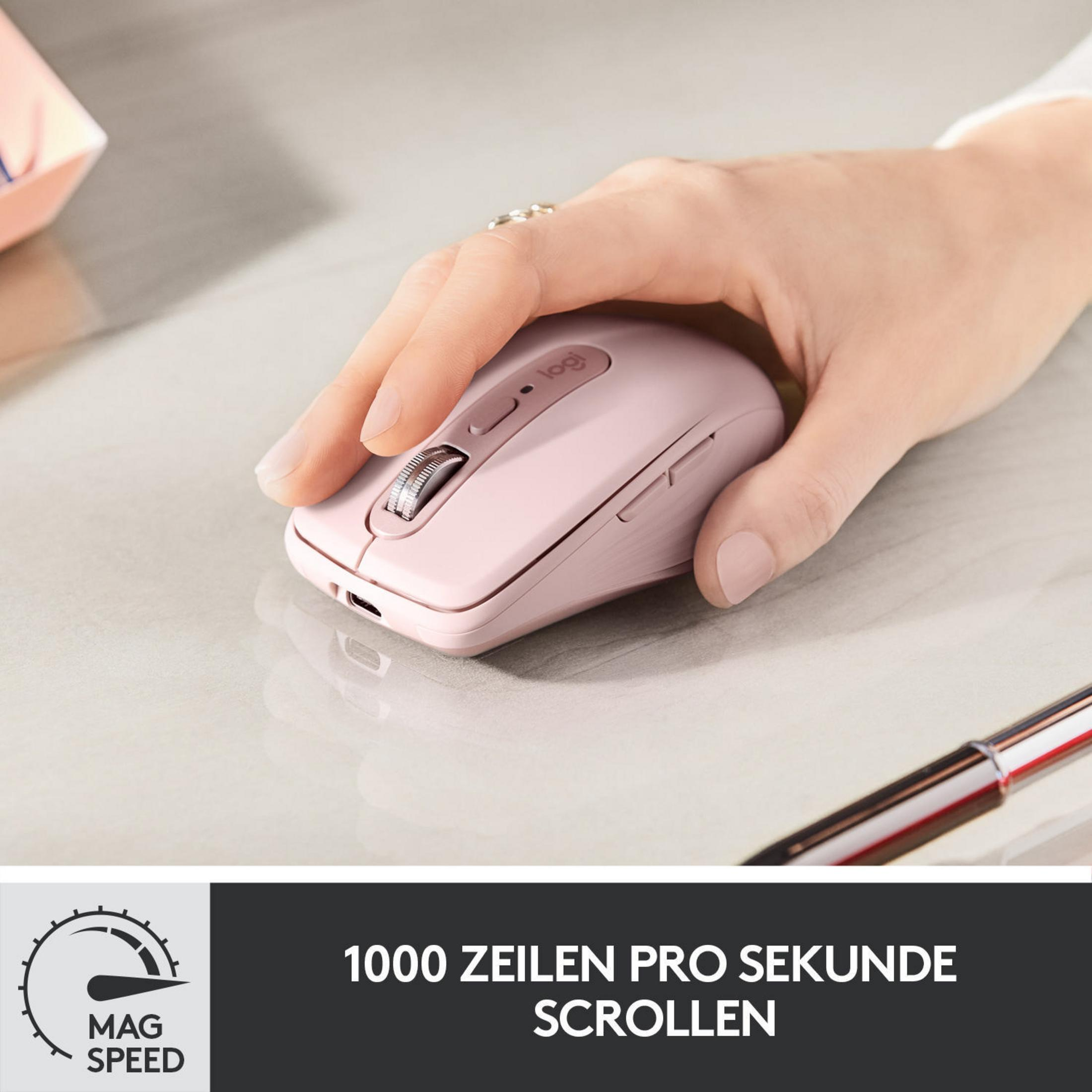 Mouse Logitech rosa usato su una superficie con testo in inglese sotto.