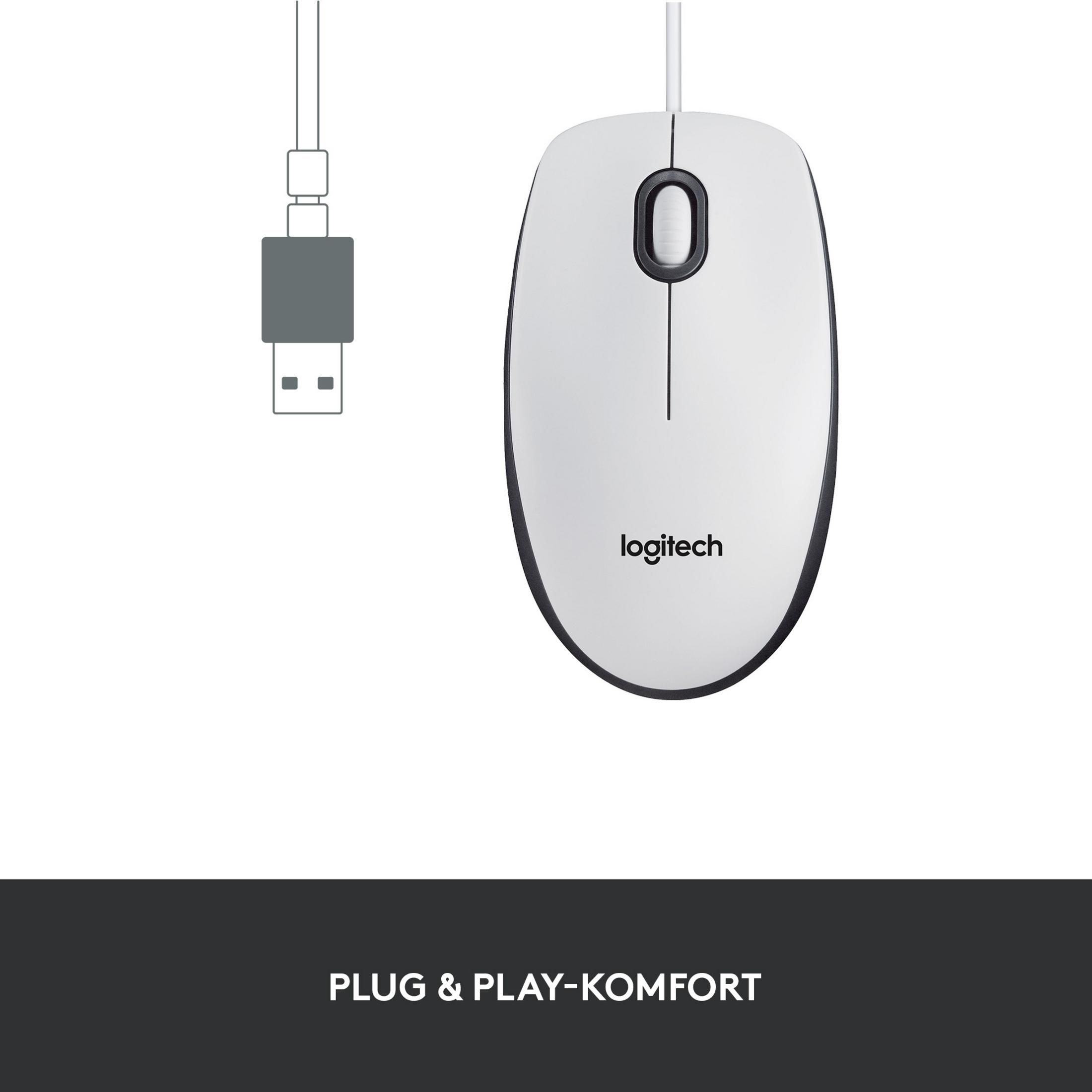 Eine weiße Logitech-Maus, die mit einem USB-Kabel verbunden ist. Die Maus hat ein Scrollrad und ein Logitech-Logo.
