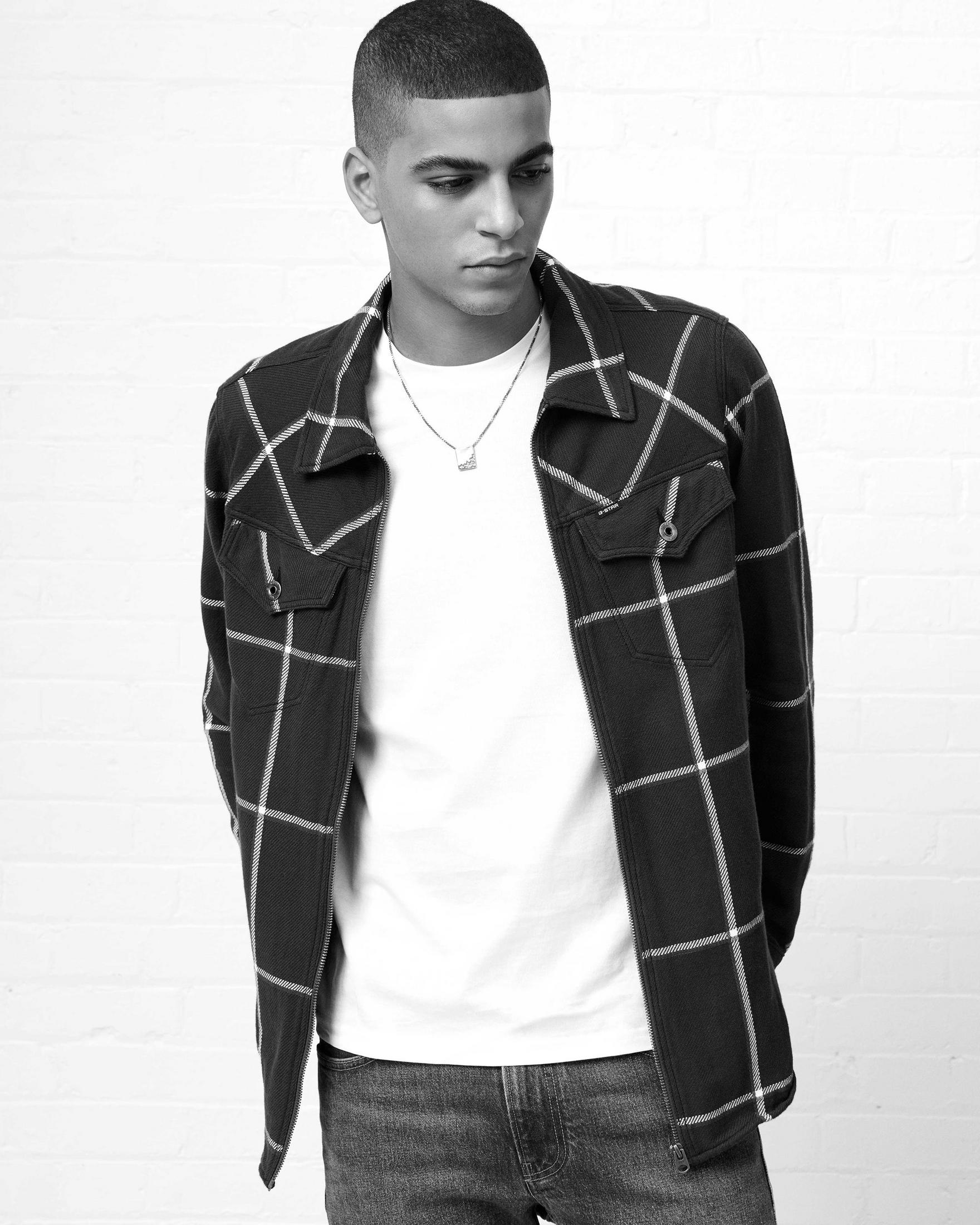 Un hombre con camisa a cuadros en blanco y negro, camisa blanca y jeans.