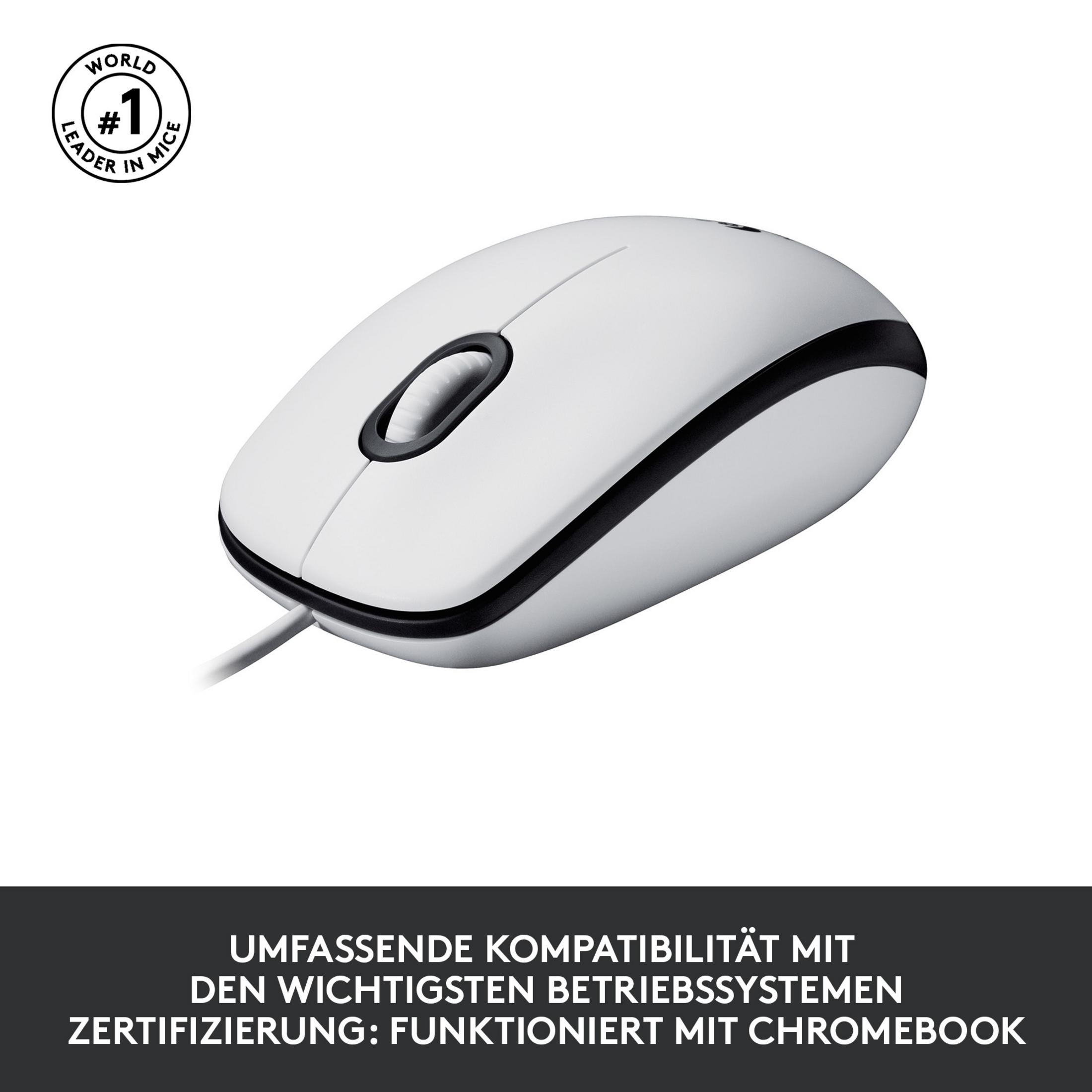 Weiße Computermaus. Text unten: 'Weltmarktführer bei Mäusen'.