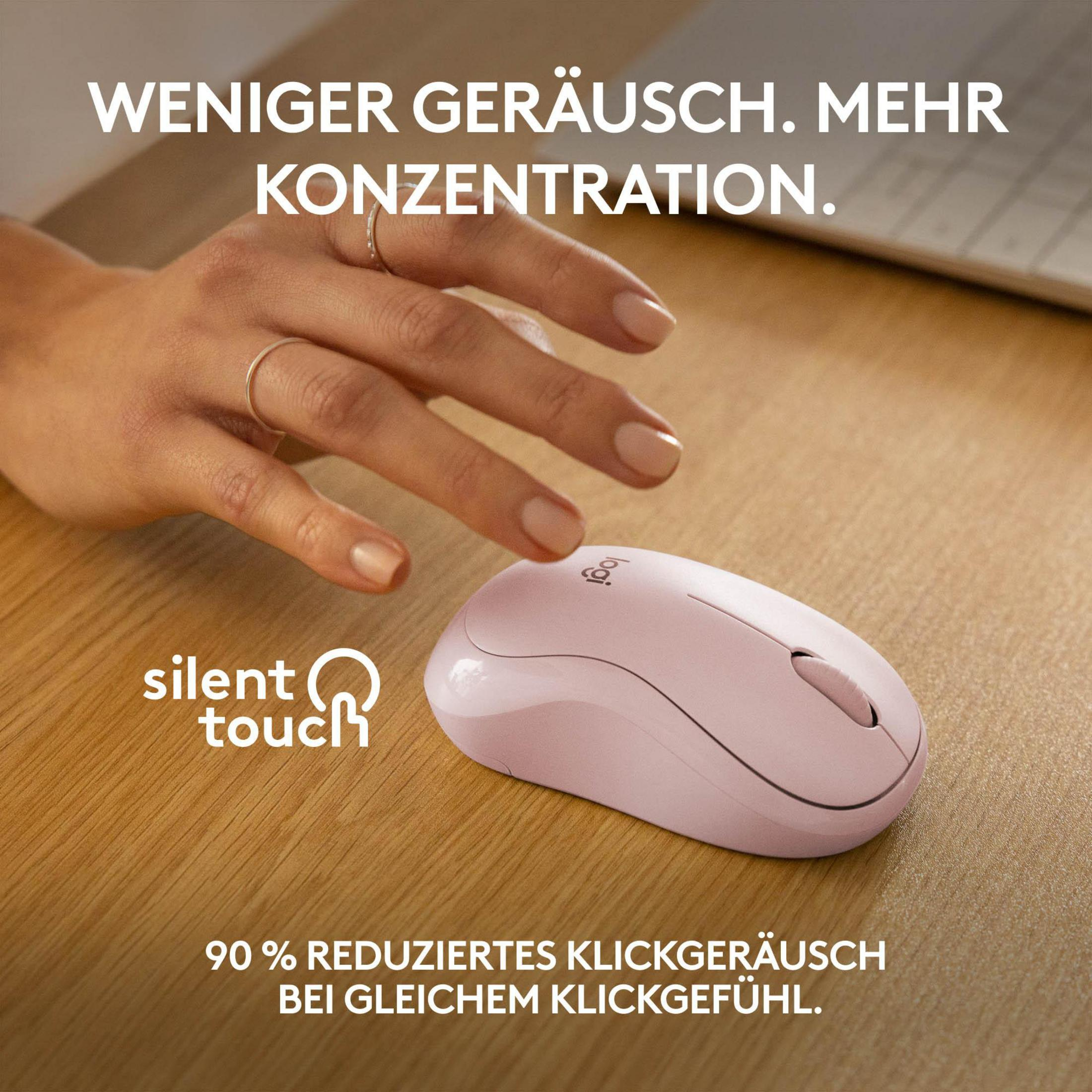 Różowa mysz bezprzewodowa na drewnianej powierzchni. Tekst mówi: 'Silent Touch' i '90% redukcji hałasu kliknięć'.