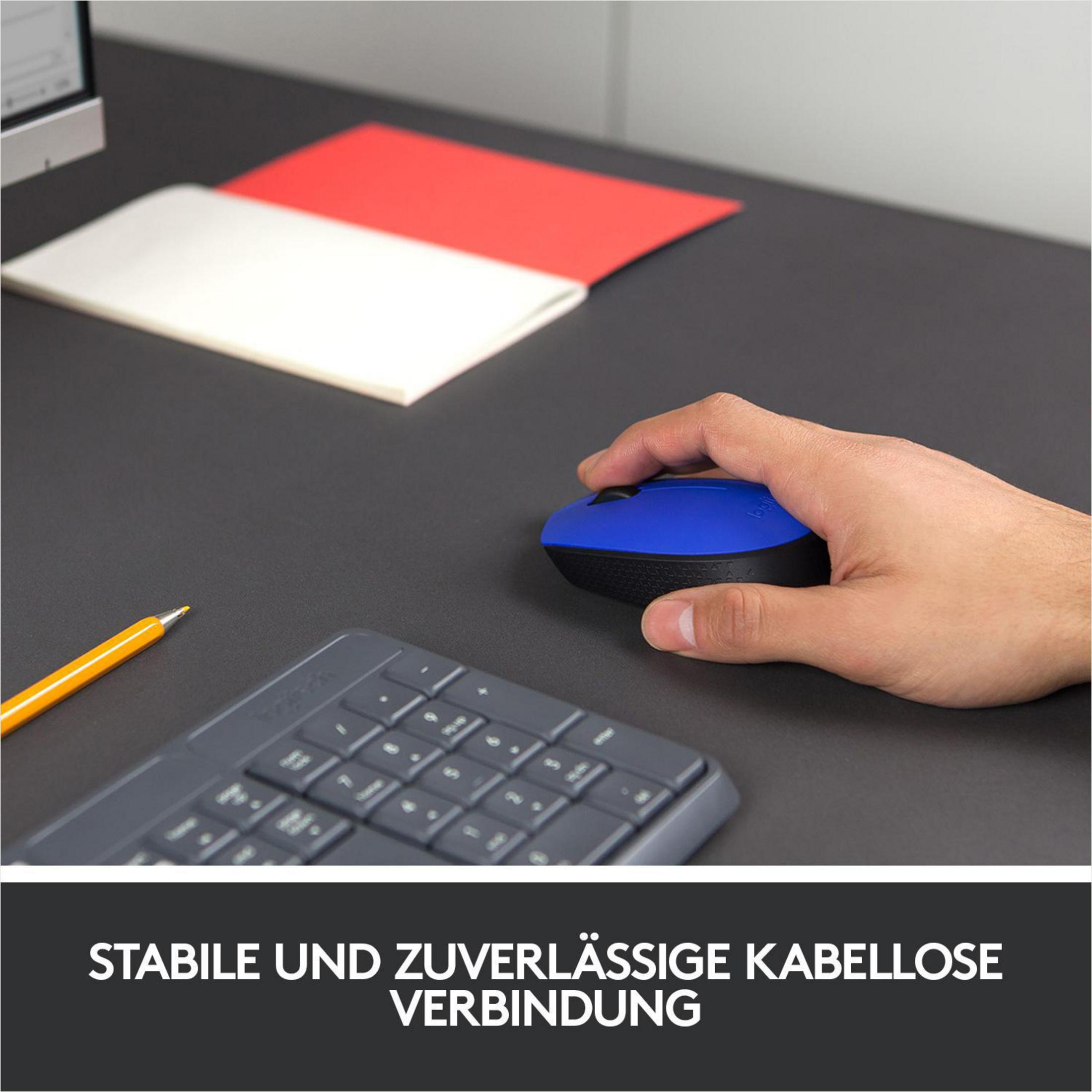 Ręka używająca niebieskiej myszy obok klawiatury i papierów na czarnym biurku. Tekst: Niezawodne połączenie bezprzewodowe.