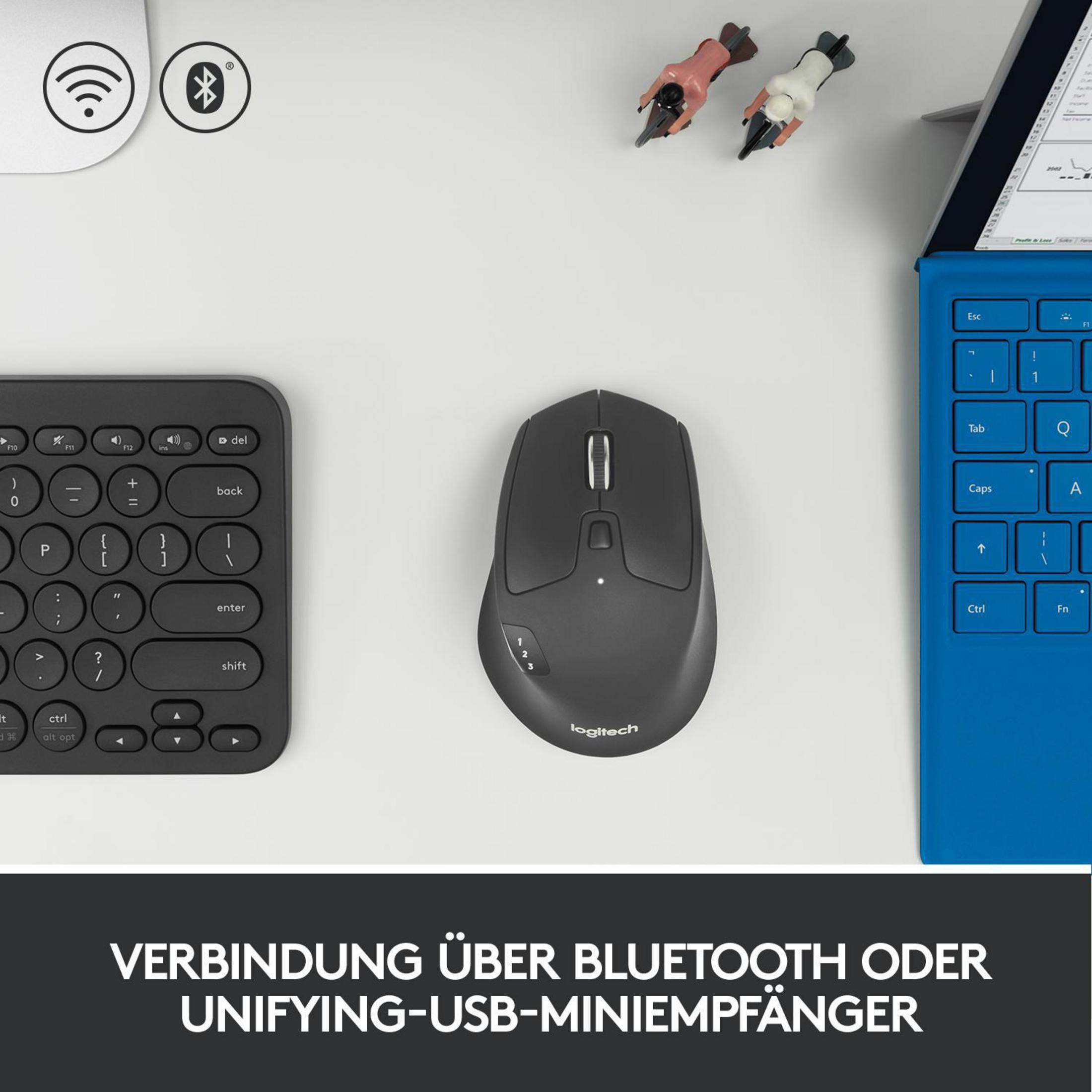 Czarna mysz Logitech, klawiatura i niebieski laptop. Tekst: 'VERBINDUNG ÜBER BLUETOOTH...'