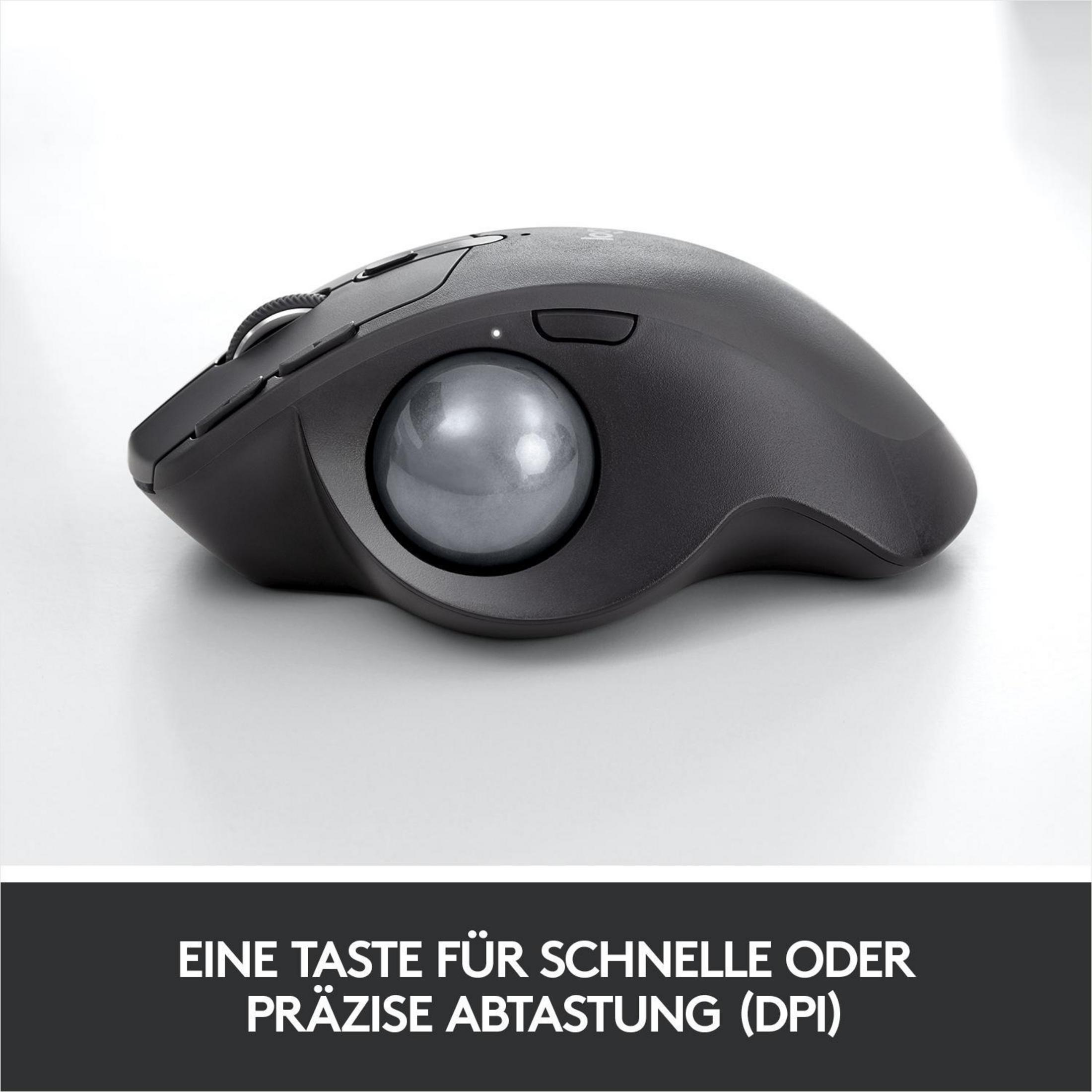 Souris ergonomique noire avec trackball et texte : 'EINE TASTE FÜR...ABTASTUNG'.