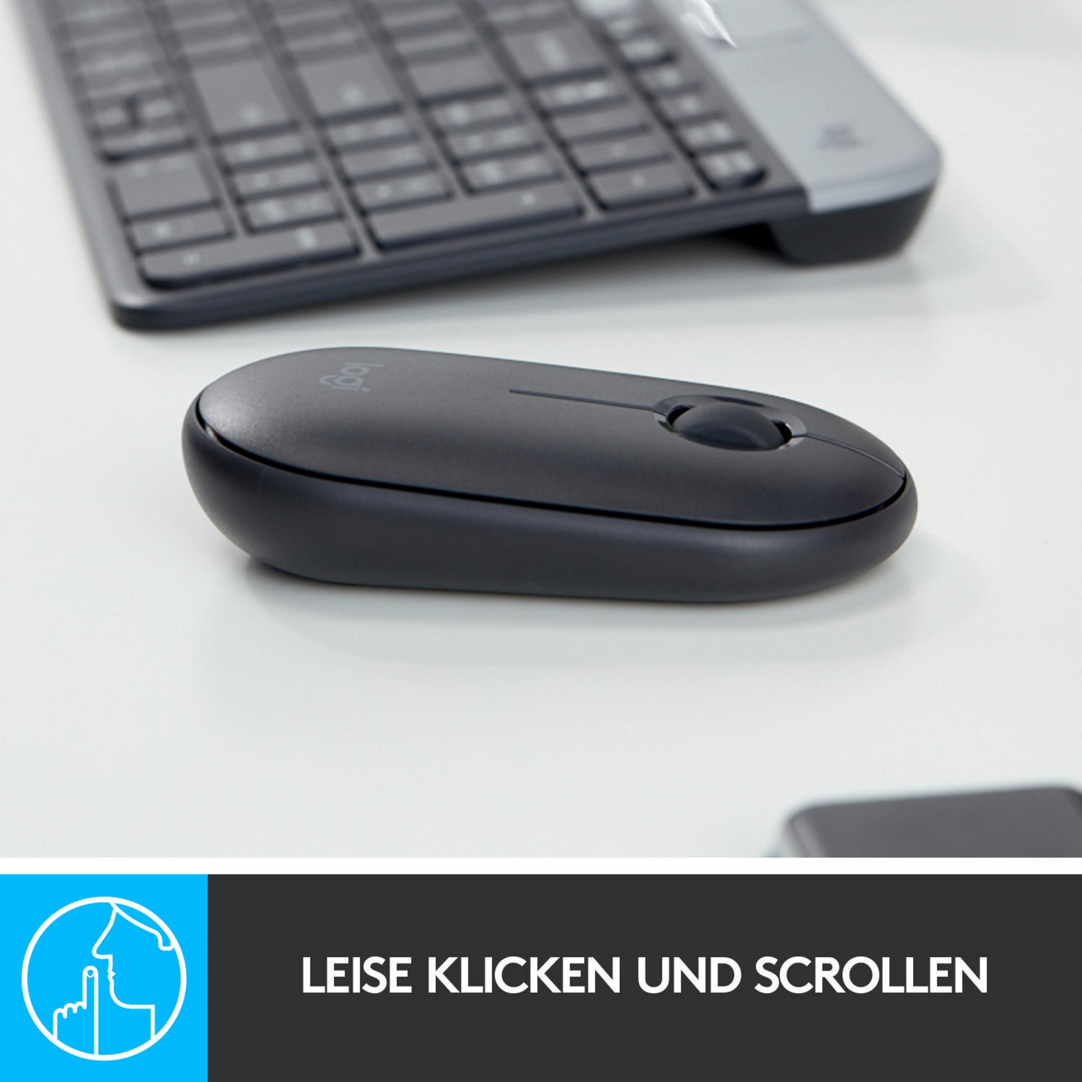 Zwarte Logitech-muis en een toetsenbord. De muis is klein en heeft een scrollwiel. Tekst zegt stil klikken.