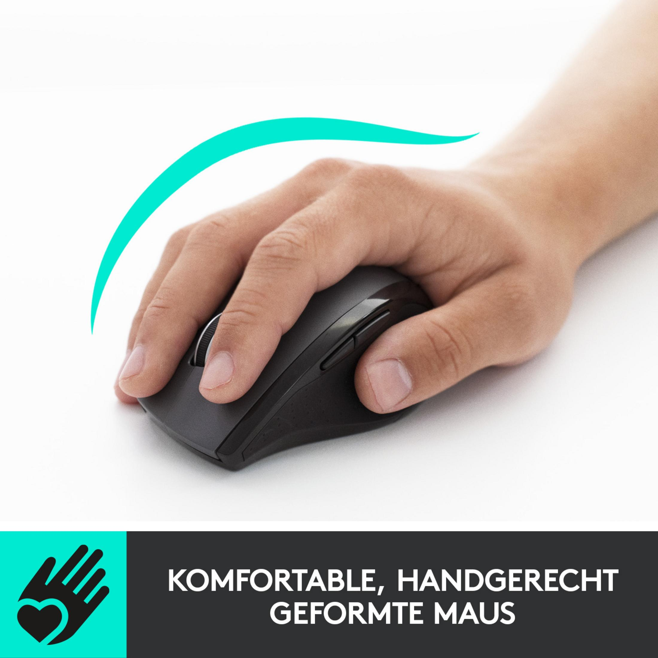Eine Hand benutzt eine schwarze Maus. Text: 'KOMFORTABLE, HANDGERECHT GEFORMTE MAUS'.